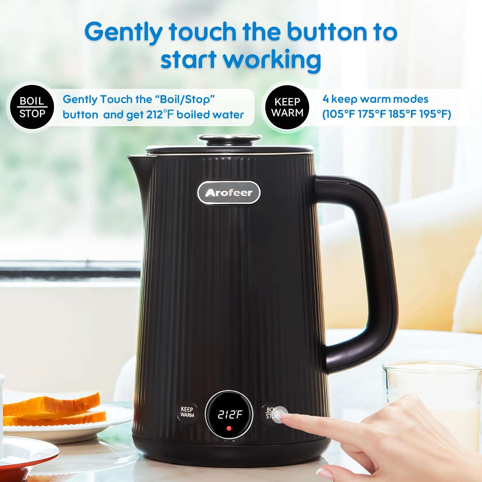 Arofeer® 1.7L(57oz) Large Electric Kettle Temperature Control, 7+Cups Electric Tea Kettle for Coffee&Tea, 2 quarts Big Hot Water Kettle Electric with,1200W,Keep Warm-Black - Image 4