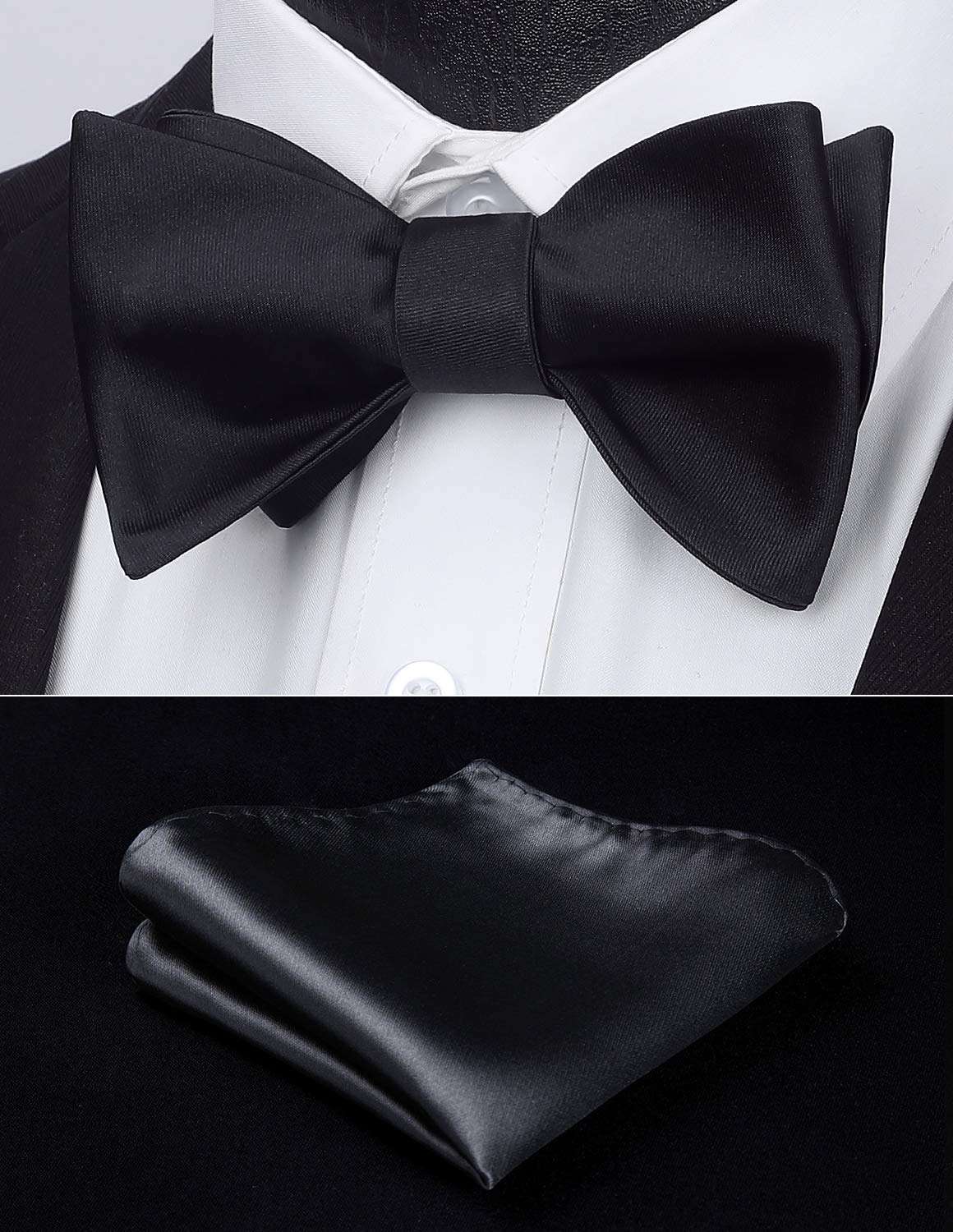 HISDERN Bow Ties for Men Solid Color Self Tie Bow Tie Pocket Square Set Classic Formal Satin Bowties for Tuxedo Wedding Party - Image 6
