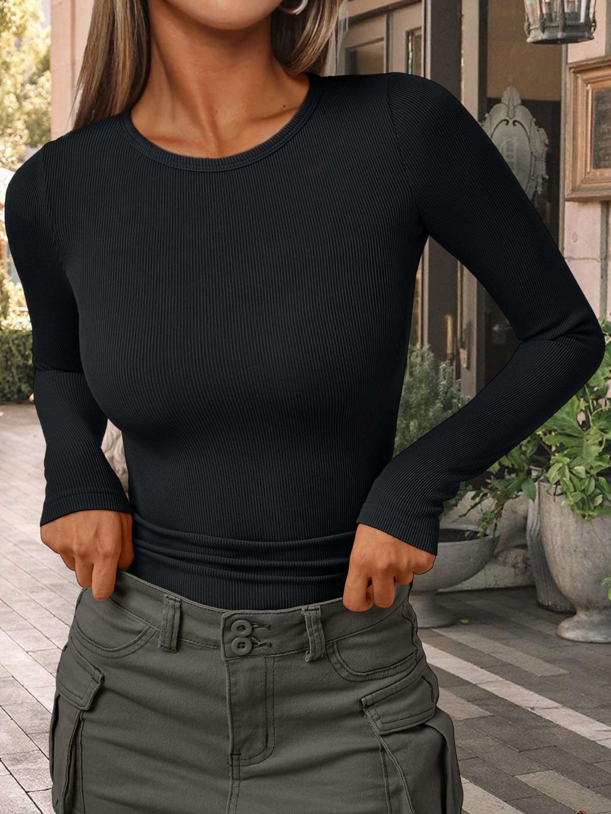 AUTOMET Women's Long Sleeve Blouses Shirts with Ribbed Knit Work Office Basic Tops - Image 6