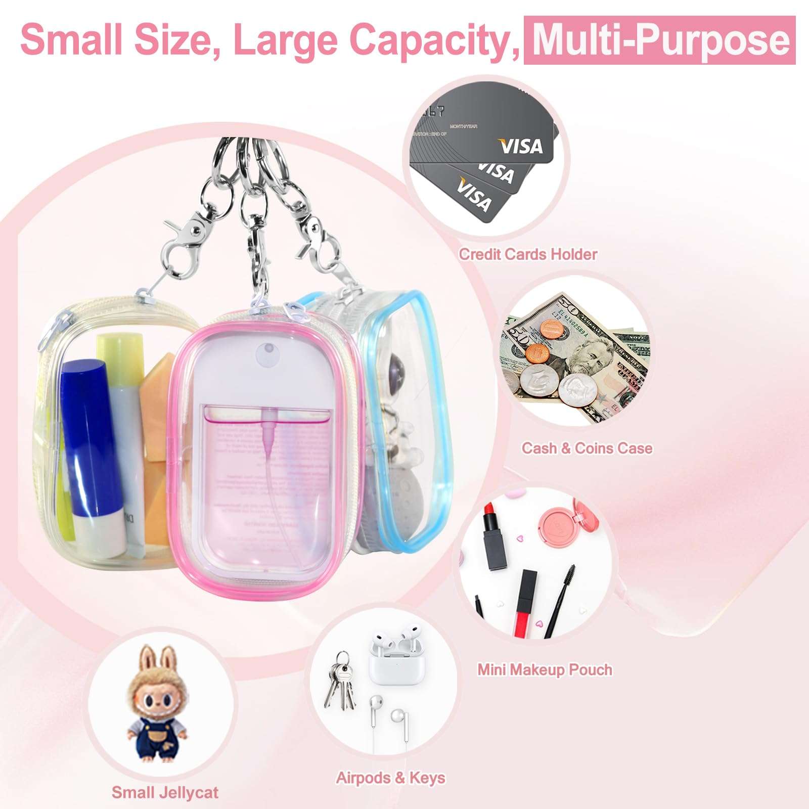 XCOSHAY Hand Sanitizer Spray Clear Case for touchland 1FL OZ/30ml, 3 Pack Blind Box Keychain, Figures Display Bag, Zippered Pouch, Mini Makeup Bag, with Keychain Snap Hook (Pink & Blue & Clear) - Image 4