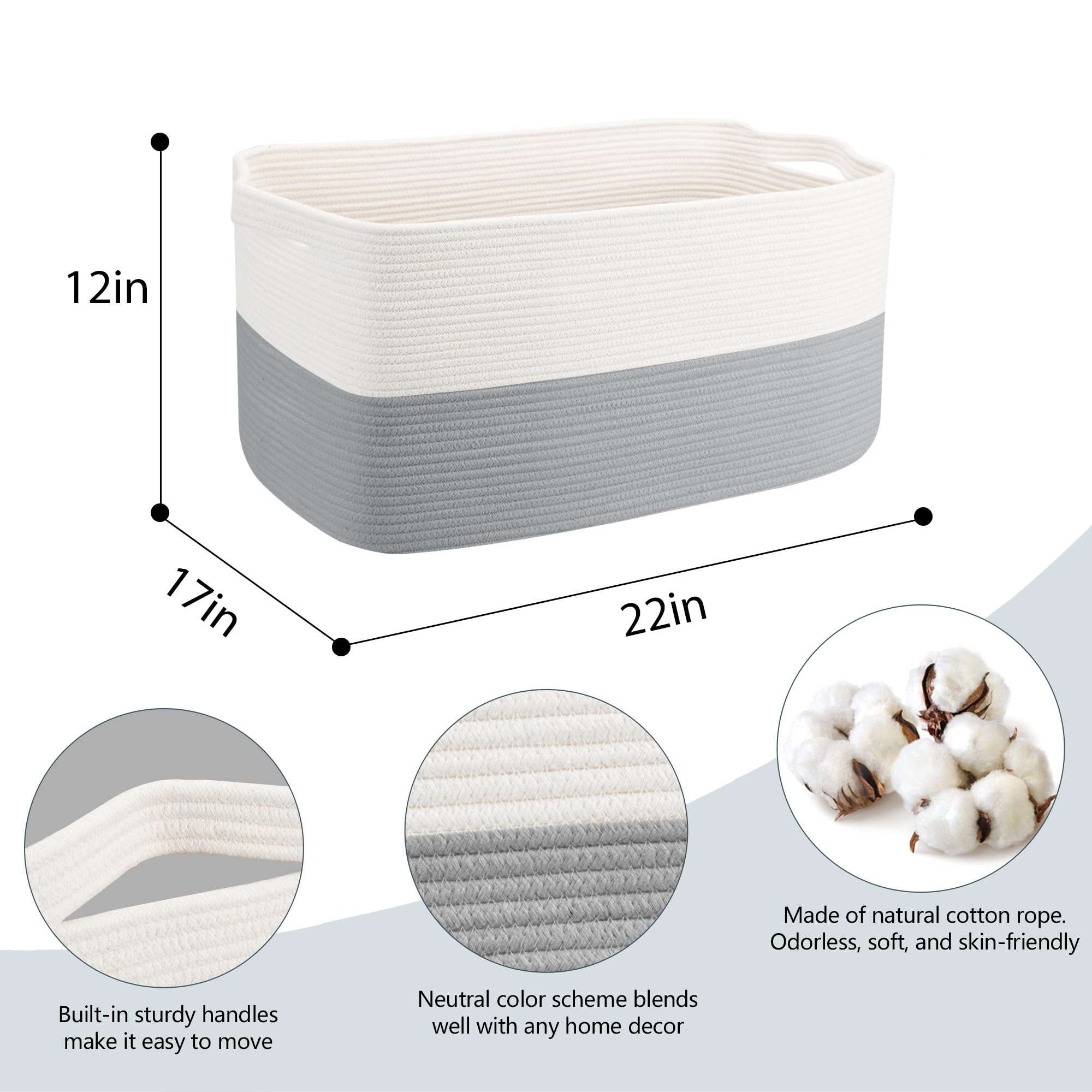 MEGASKET Extra Large Laundry Basket, Rectangle Woven Cotton Rope Storage Basket with Handles, Wicker Laundry Hamper, Farmhouse Storage Bin for Blankets Clothes Toys, Grey, 22" x 17" x 12" - Image 3