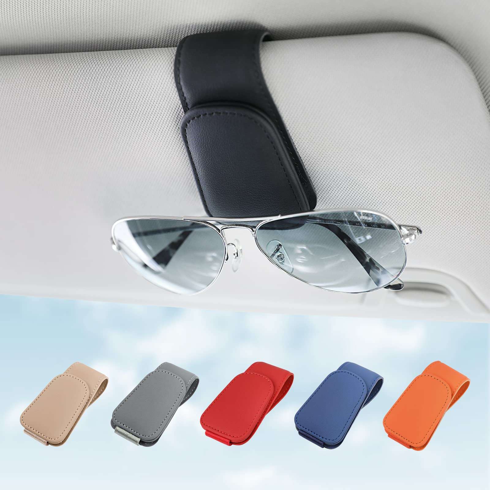 KanSmart Sunglass Holder for Car Sun Visor, Magnetic Sunglasses Clip, Leather Glasses Eyeglass Holder and Ticket Card Clip, Auto Interior Accessories Universal for Car SUV Truck Pickup -Black - Image 1