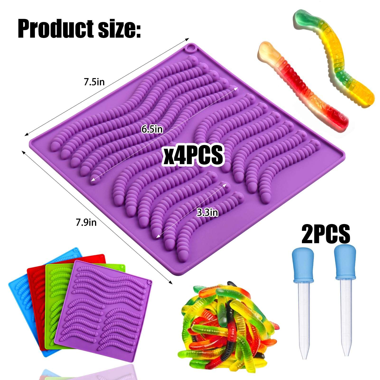 Palksky 4PCS gummy worm molds silicone for gummies candy, large fruit snack molds for kids - Image 3