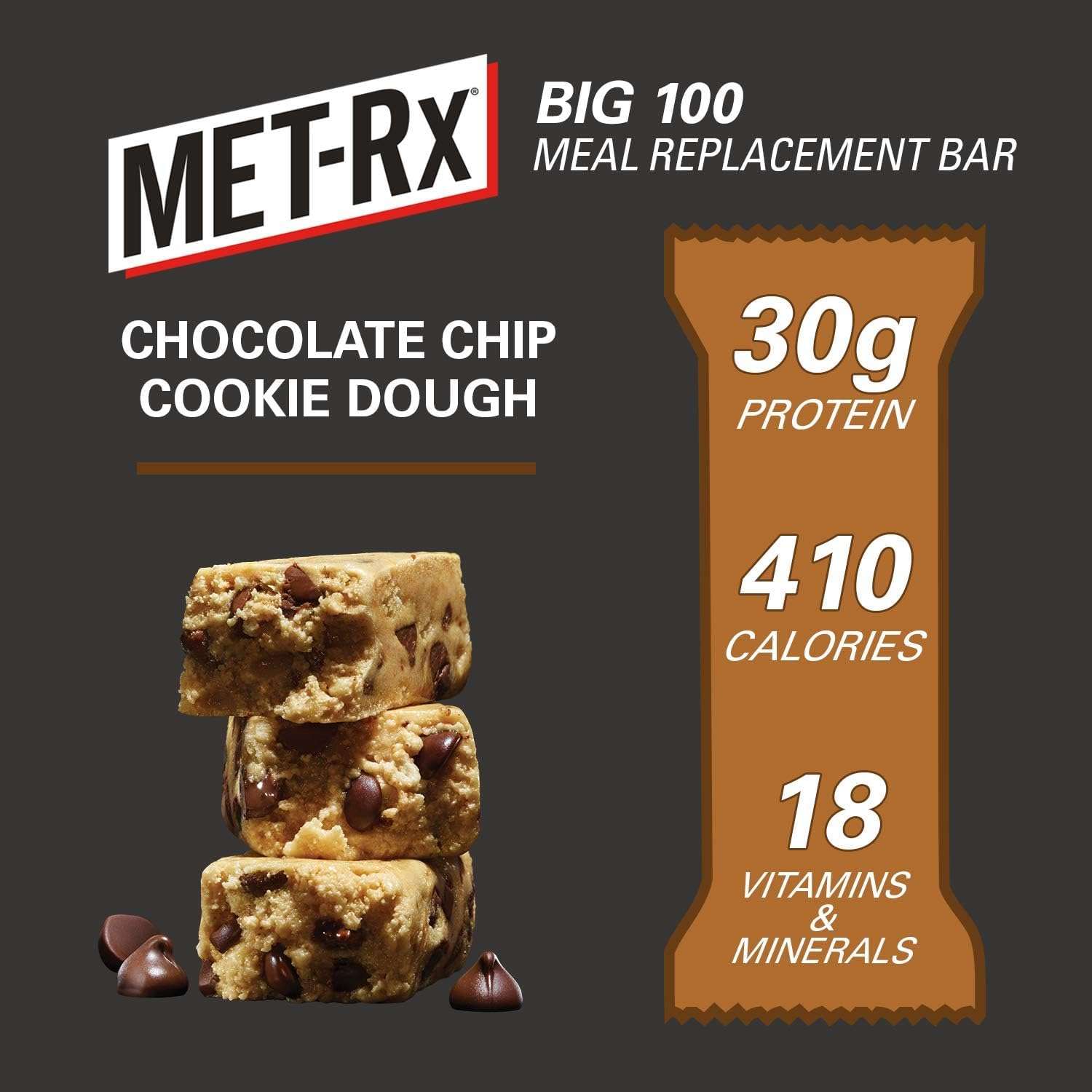 MET-Rx Big 100 Colossal Protein Bars, Chocolate Chip Cookie Dough Meal Replacement Bars, 9 Count (Pack of 1) - Image 3