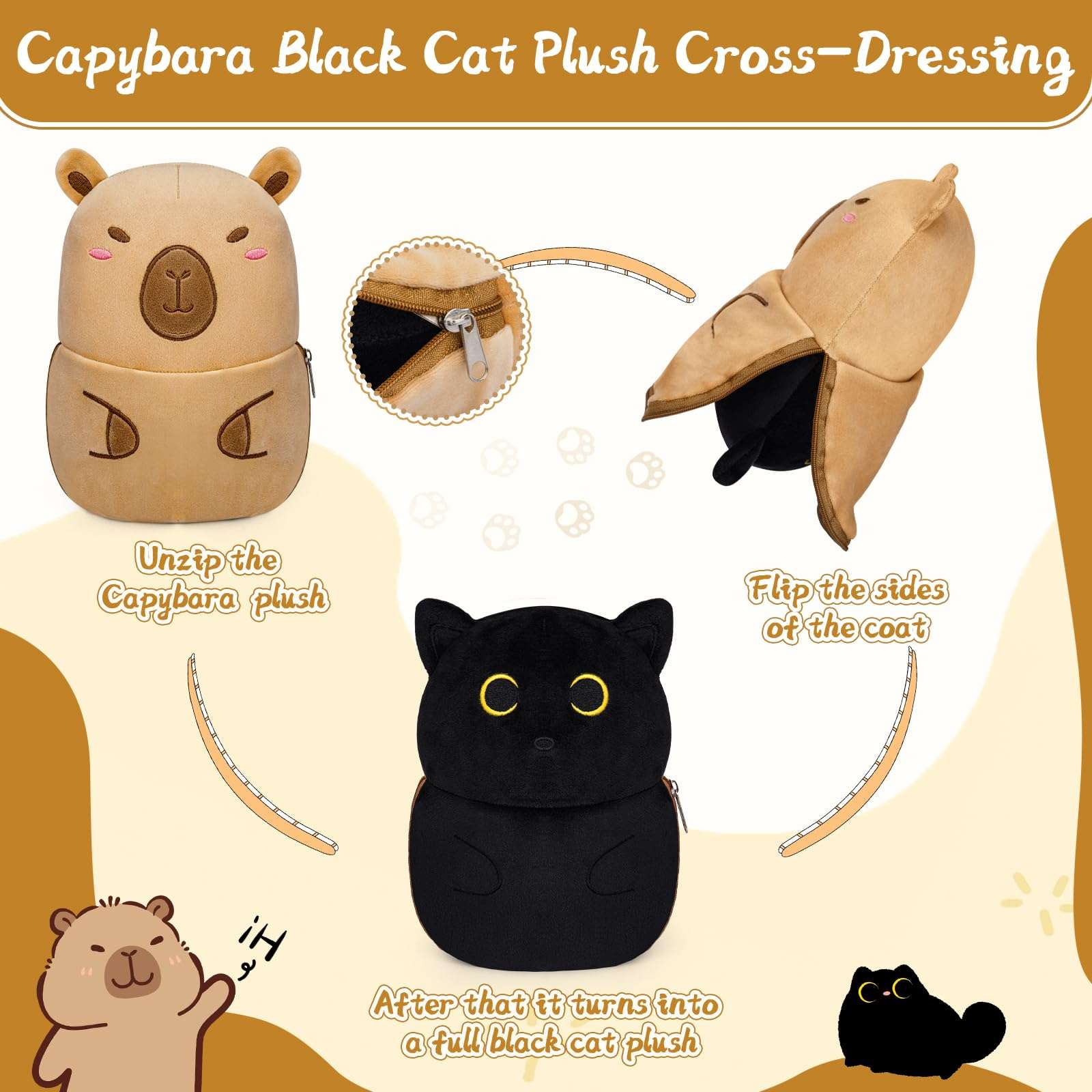 Leokawin Black Cat Capybara Plush Pillows,Black Cat Stuffed Animal Reversible Cuddle Capybara Plush with Zipper,8in Capybara Stuffed Cat Plushies Toys Gifts for Kids Boys Girls - Image 5