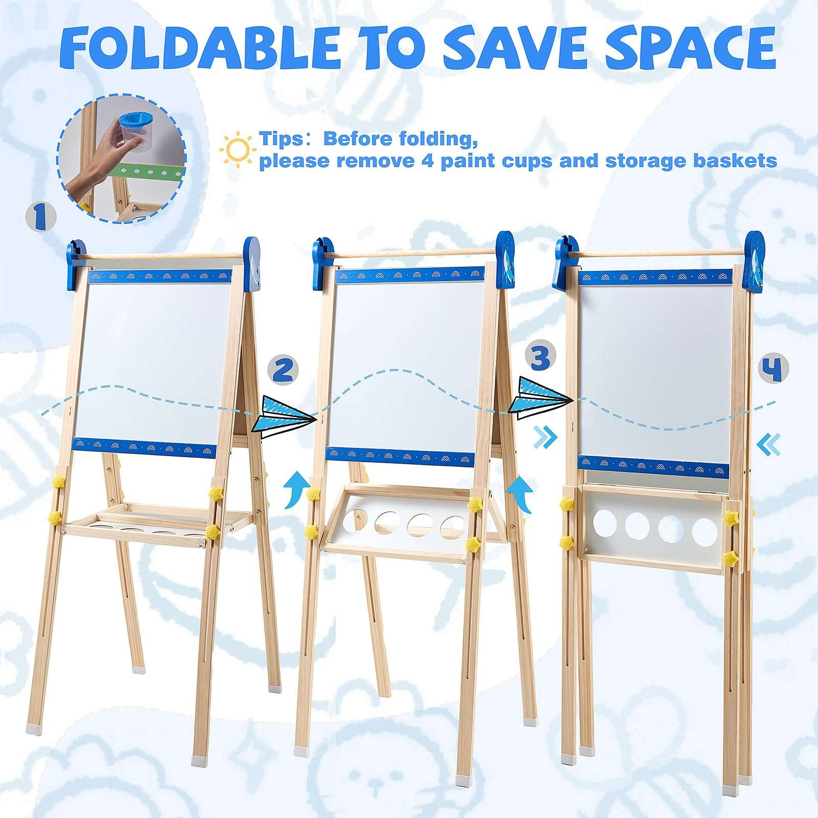 Art Easel for Kids Easels for Toddlers, Double-Sided Adjustable Magnetic Chalkboard Whiteboard, Wooden Painting Easel with Paper Roll, Foldable Standing Drawing Easel for Toddlers Boys Girls Ages 3-12 - Image 6