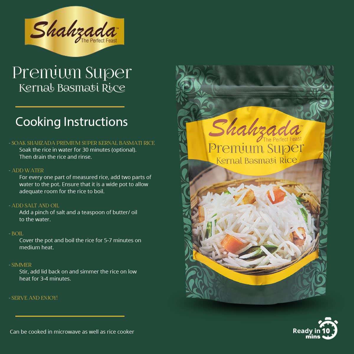 Shahzada Premium Super Kernal Basmati Rice (02 Lbs.) Aromatic Basmati, AGED, Flavorful, Slender |Non-Sticky Grain for Delicious Dining Experience, Non-GMO, Vegan, Gluten Free, Soy Free, No Cholesterol, Resealable Zip-Lock Bag | 02 Pound Packing - Image 2