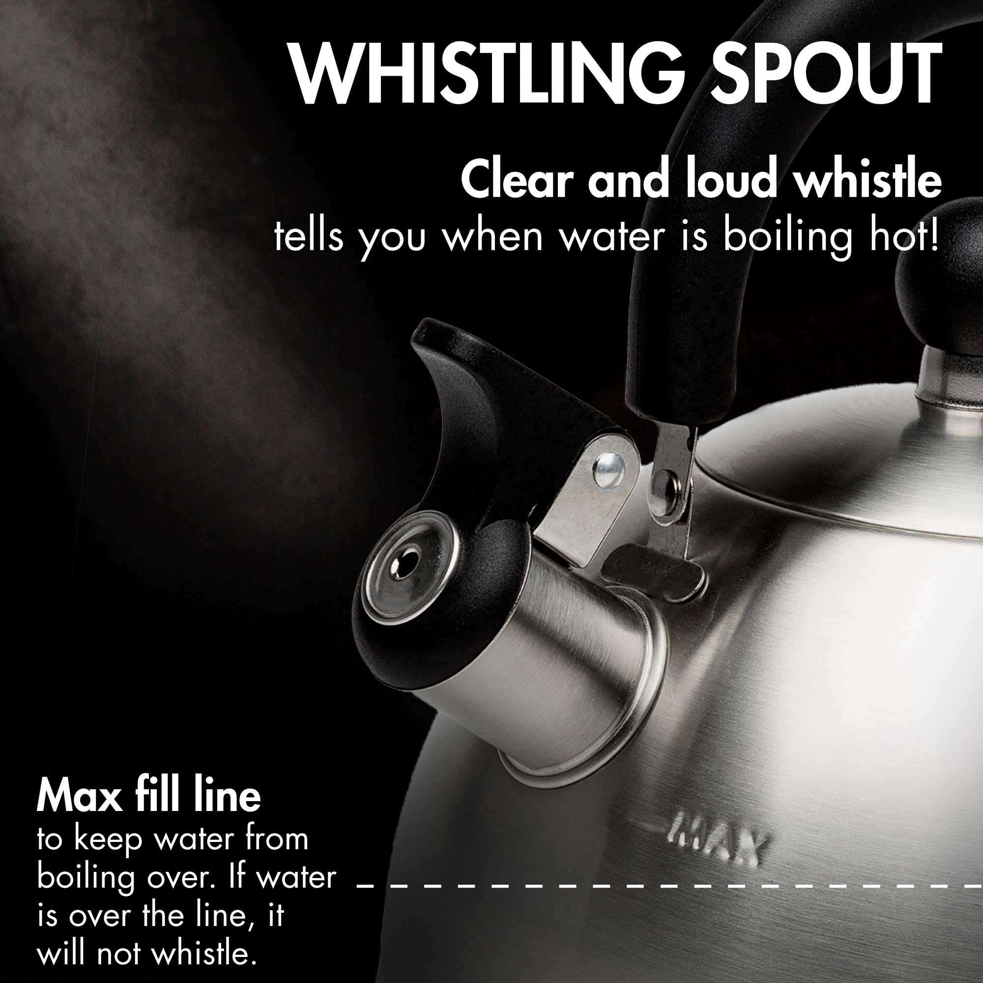 Primula Stewart Whistling Stovetop Tea Kettle Food Grade Stainless Steel, Hot Water Fast to Boil, Cool Touch Folding, 1.5-Quart, Brushed with Black Handle - Image 6