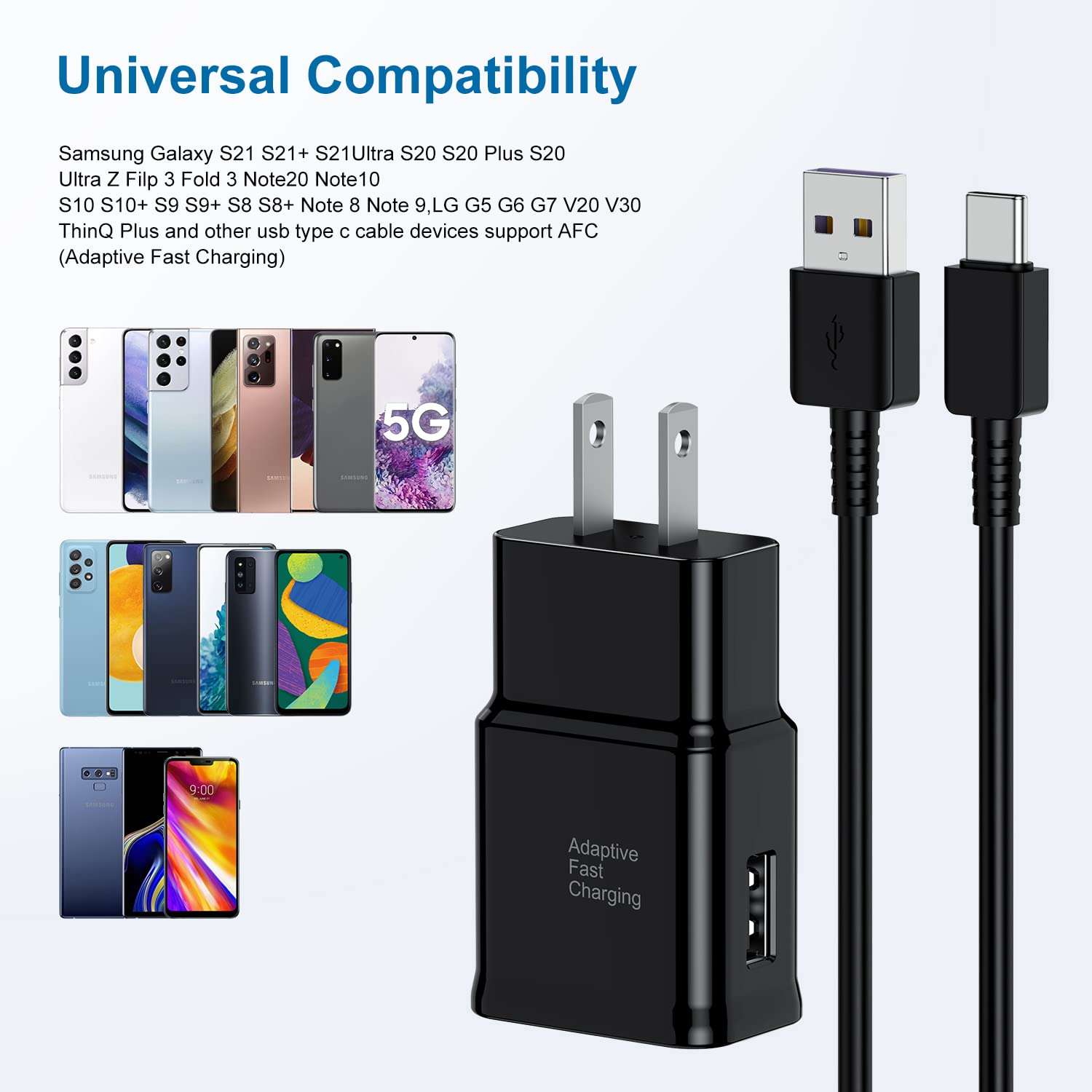 Type C Charger Fast Charging, 2 Pack USB C Android Phone Wall Charger Block & 6ft Charge Cable Cord, for Samsung Galaxy S8 / S9 / S10 Plus Active S10e, S20 / S21 Ultra Plus, Note 8 9 10, Pixel 3 etc - Image 4