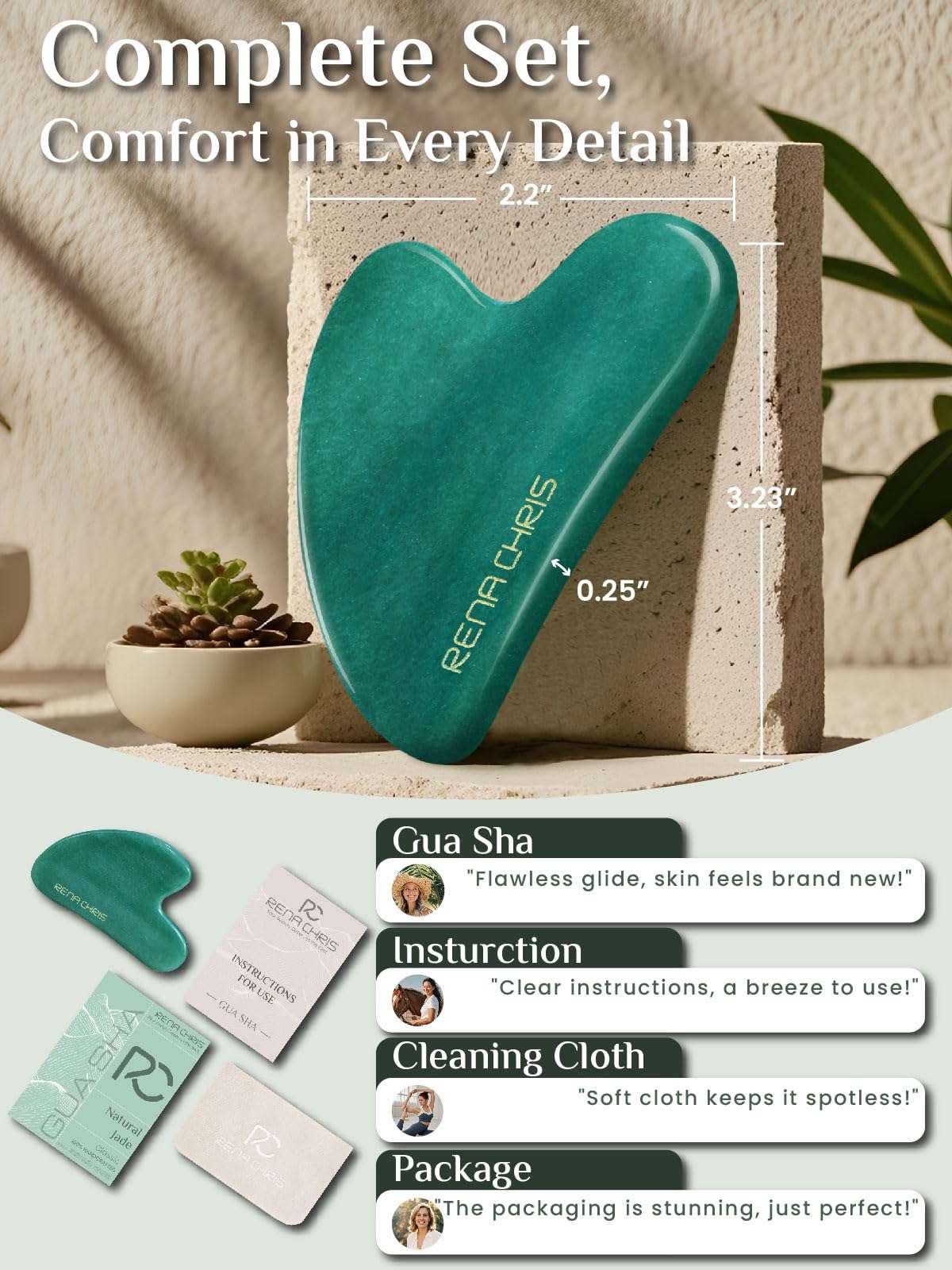 Rena Chris Gua Sha Facial Tools: Natural Jade Stone Guasha Tool for Face Acupuncture Therapy, Facial Massager for Jawline Sculpting and Puffiness Reducing (Green) - Image 2