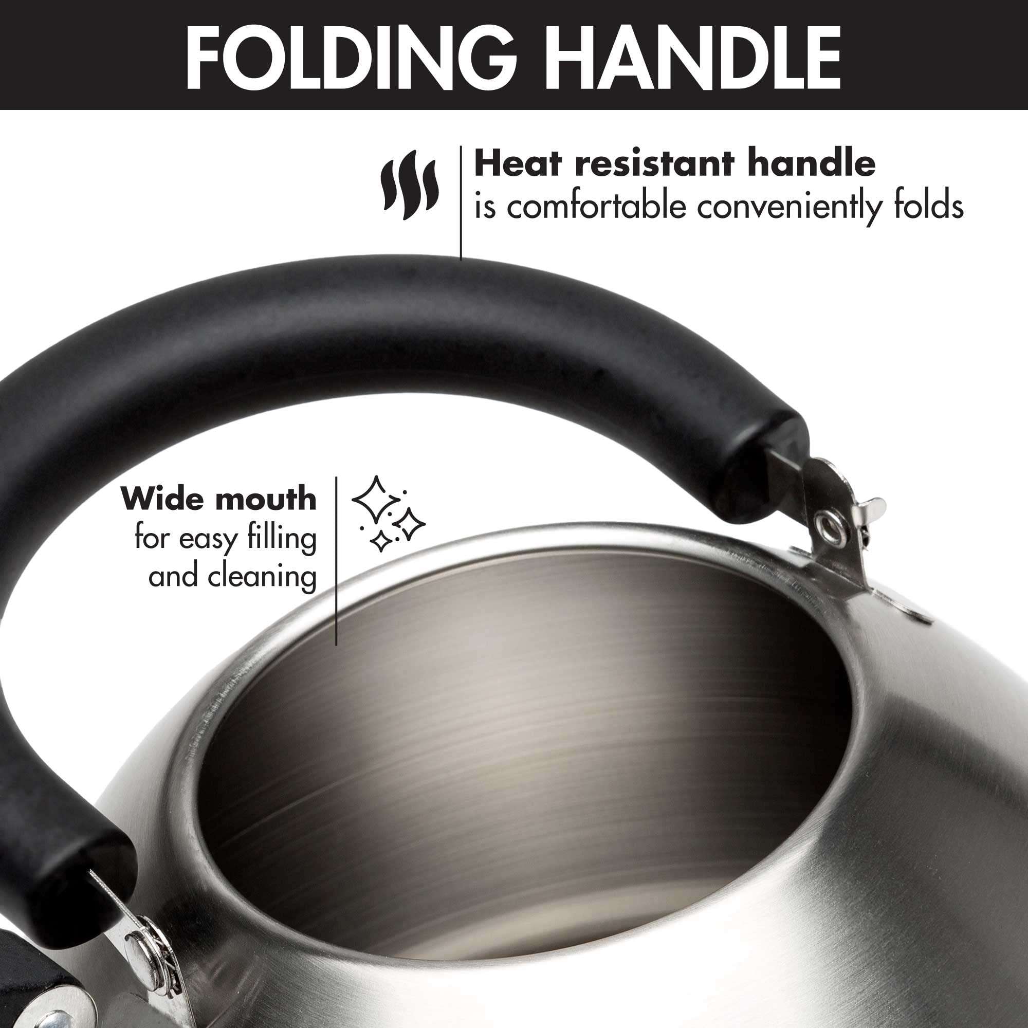 Primula Stewart Whistling Stovetop Tea Kettle Food Grade Stainless Steel, Hot Water Fast to Boil, Cool Touch Folding, 1.5-Quart, Brushed with Black Handle - Image 8