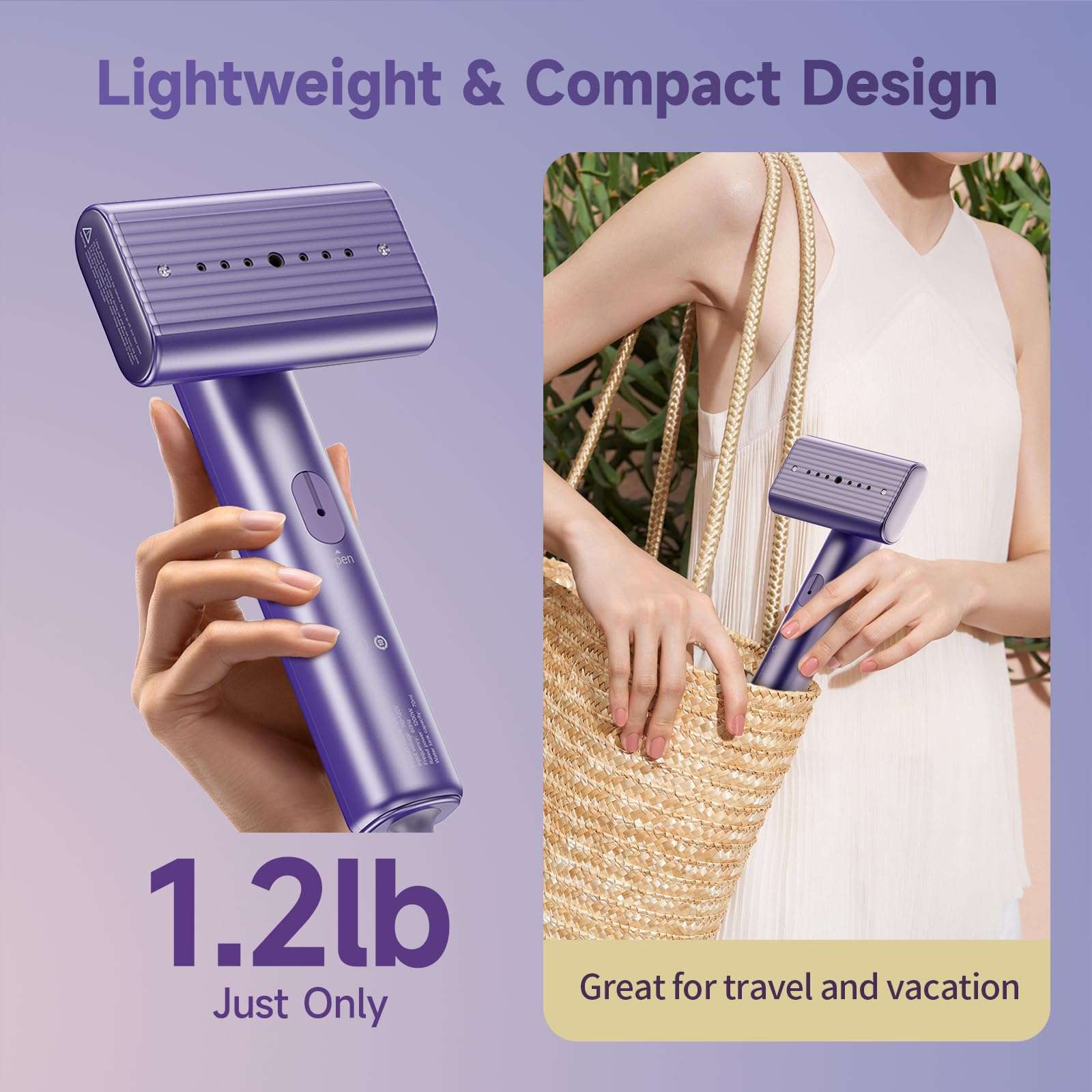 Travel Portable Steamer for clothes - Handheld Steamer for Fabric Clothing Wrinkles, 15s Fast Heat-up Rotary Garment Steamer, 1200W Light Mini Steam Iron for Home, Office and Travel (Purple) - Image 5