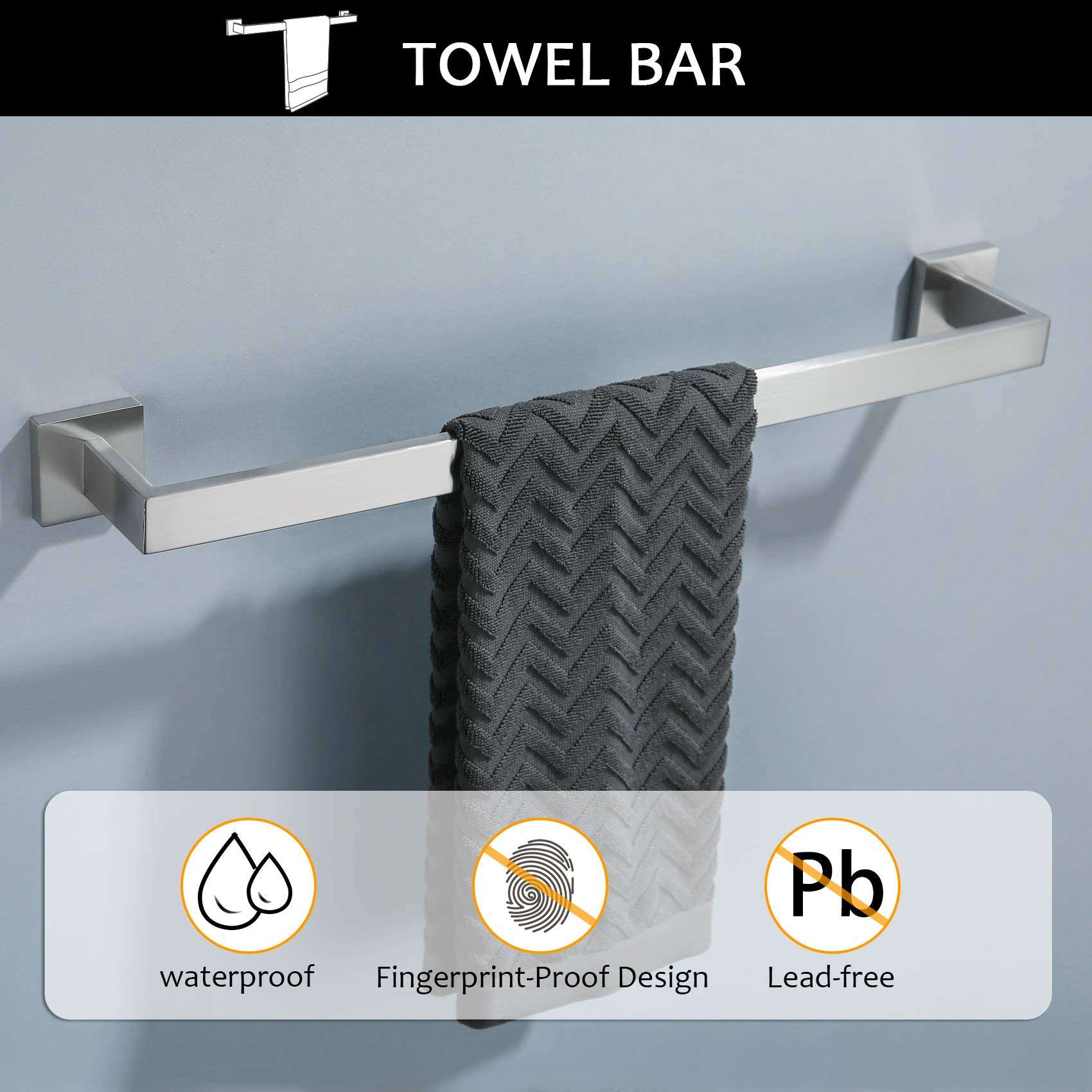 TNOMS Bathroom Towel Bar Set 5 Pieces Brushed Nickel Square Modern Bathroom Hardware Set,Stainless Steel Wall Mounted 23.6-Inch - Image 4