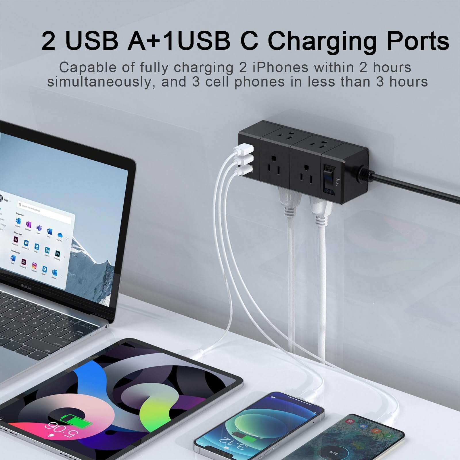 10Ft Extension Cord Flat Plug Power Strip - Tcstei 3-Side Outlet Extender with 6 AC Outlets and 3 USB Ports (1 USB C), Compact for Home, Office, Dorm Room Essentials, ETL, Black - Image 3