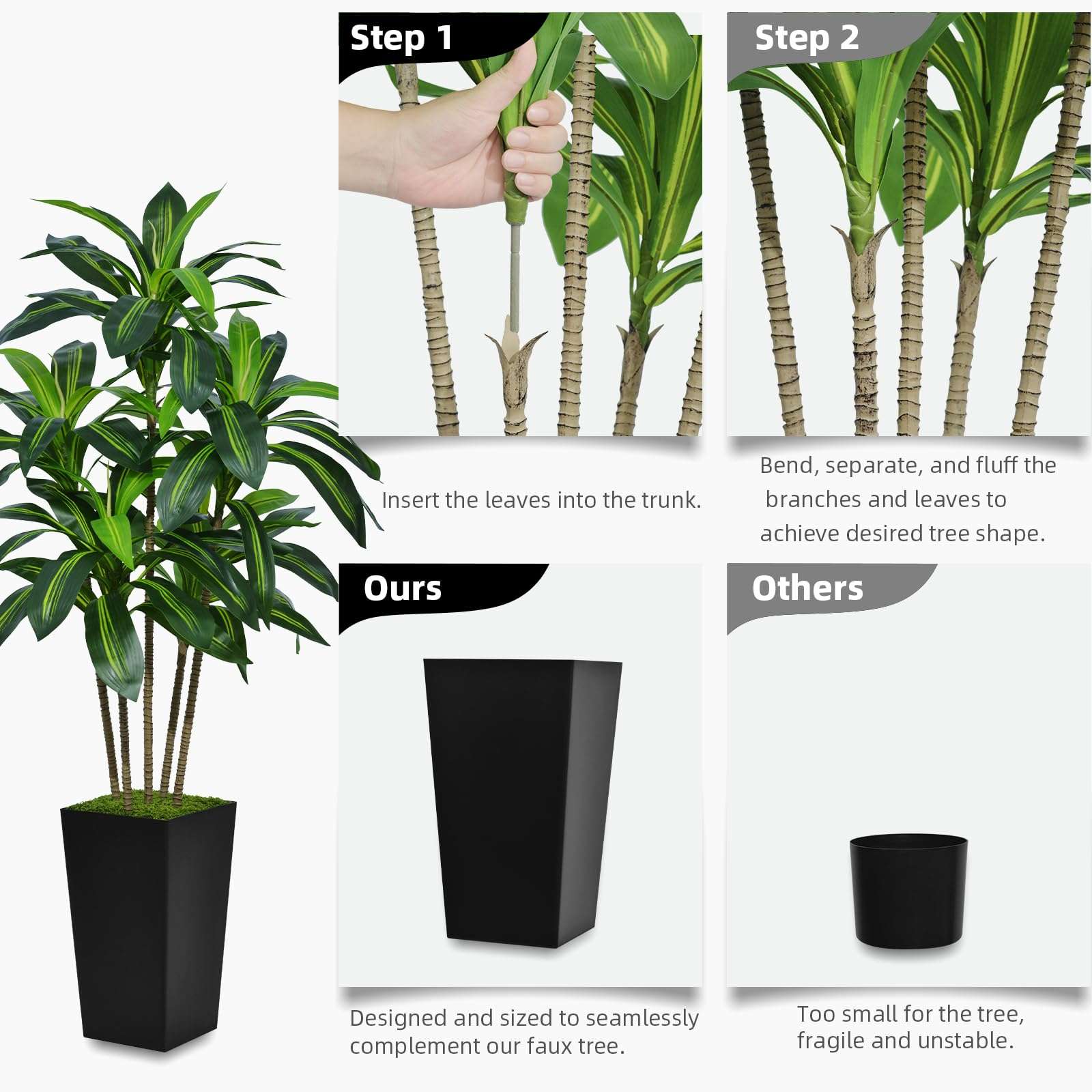 ASTIDY Artificial Dracaena Tree 5FT - Faux Tree with White Tall Planter - Fake Tropical Yucca Floor Plant in Pot - Artificial Silk Tree for Home Office Living Room Decor Indoor - Image 6