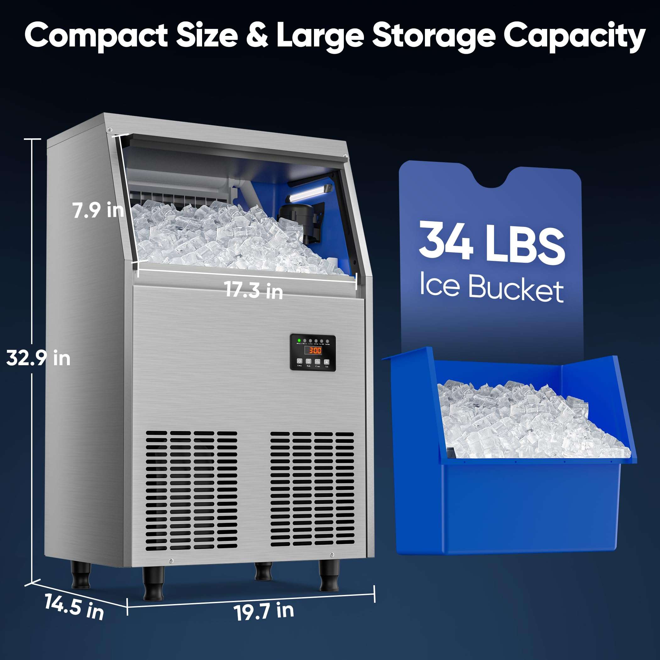 Coolski Commercial Ice Maker Machine 100LBS/24H, Under Counter Ice Maker with 34LBS Storage Capacity, Stainless Steel Ice Machine for Restaurant Home Bar, DOE - Image 3