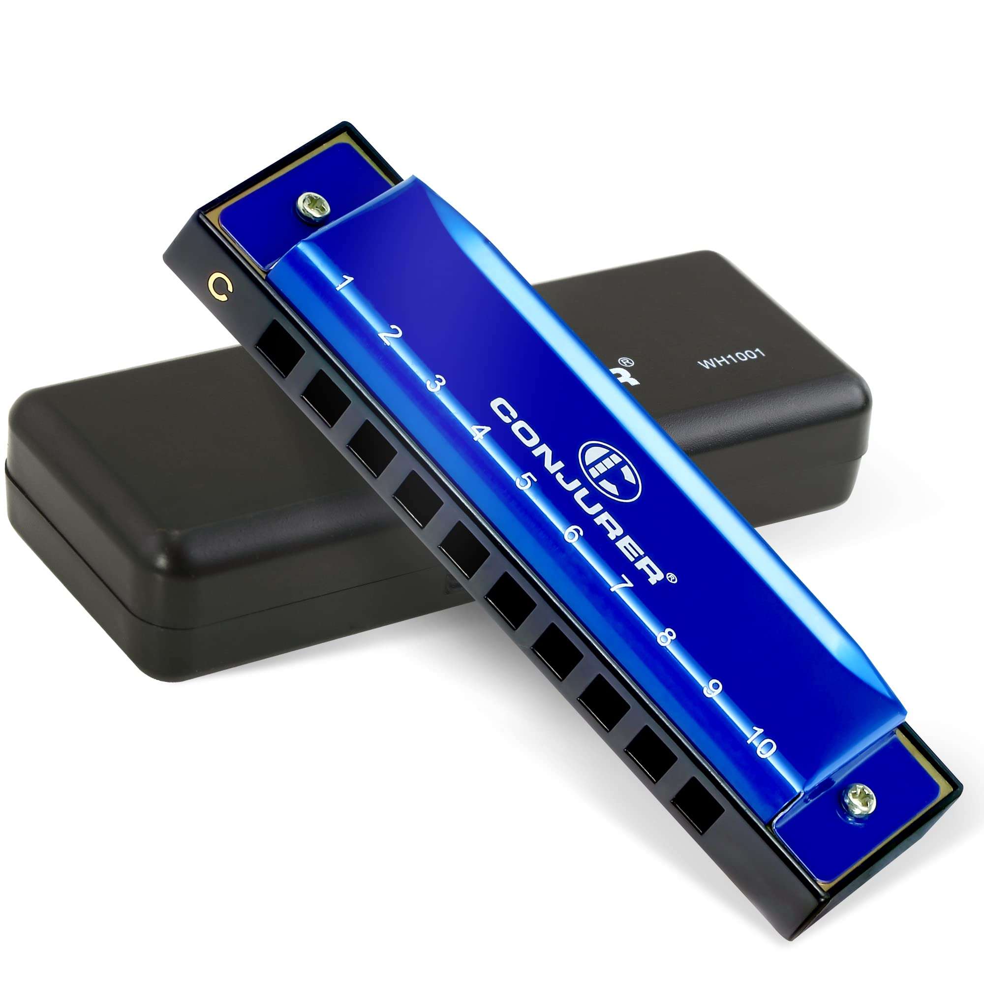 CONJURER Blues Harmonica for Kids Adult Beginners 10 Hole Diatonic Harmonica Key of C, Brass Reed Metal Mouth Organ C Key Blues Harp with Case, Blue - Image 1
