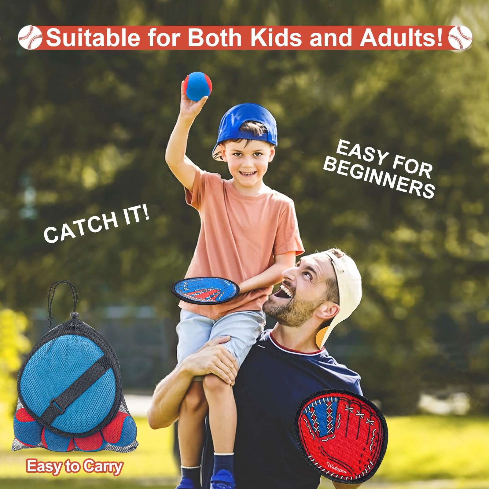 Toss and Catch Ball Game, Kids Toddler Baseball Glove & Catch Ball Toys, Kids Outdoor Games for Family, Toys for Beach Pool Yard Outside, Birthday Gift for Ages 3 4 5 6 7 8-12 (Red/Blue-4 Pack) - Image 2