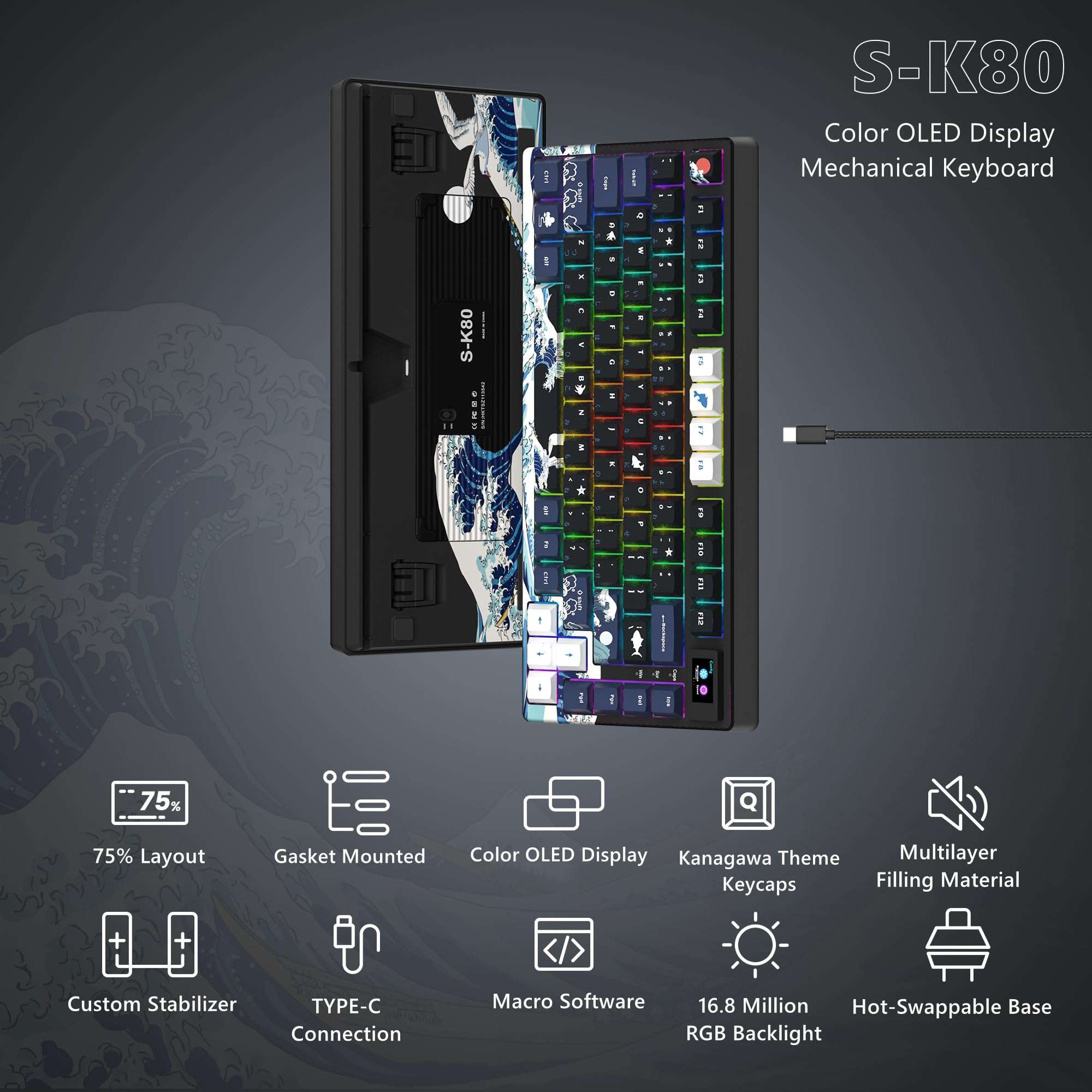 Womier S-K80 75% Keyboard with Color Multimedia Display Mechanical Gaming Keyboard, Wired Hot Swappable Gasket Mount RGB Custom Key Board, Pre-lubed Stabilizer for Mac/Win, Black Kanagawa - Image 6