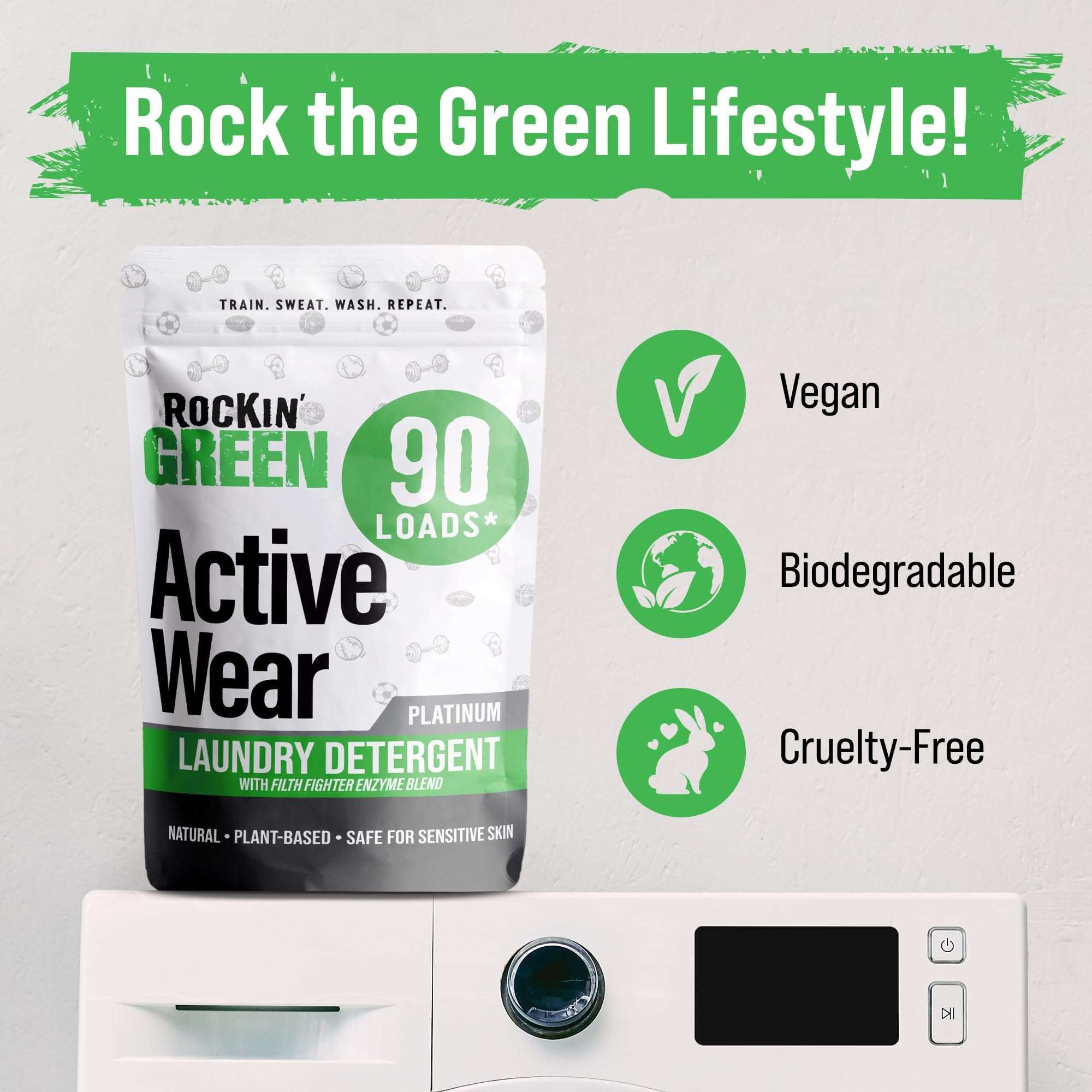 Rockin' Green Laundry Detergent, Plant based, All Natural Laundry Detergent Powder, Vegan and Biodegradable Odor Fighter, Safe for Sensitive Skin (Active Wear 90 Loads - Unscented) - Image 3