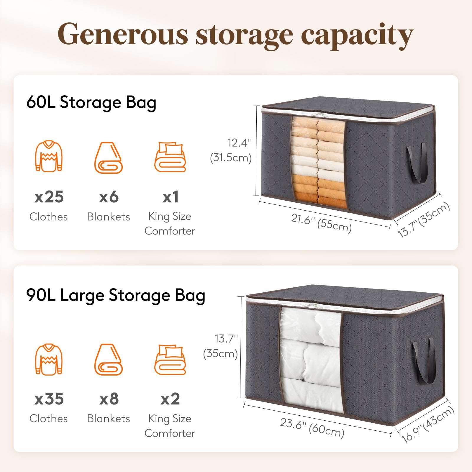 Lifewit 6 Pack Clothes Storage Bins with Lids, Foldable Blanket Storage Bags with Zippers, Clear Window and Reinforced Handles, Closet and Organization for Clothing, Sweater, Comforter, Bedding, Gray - Image 2