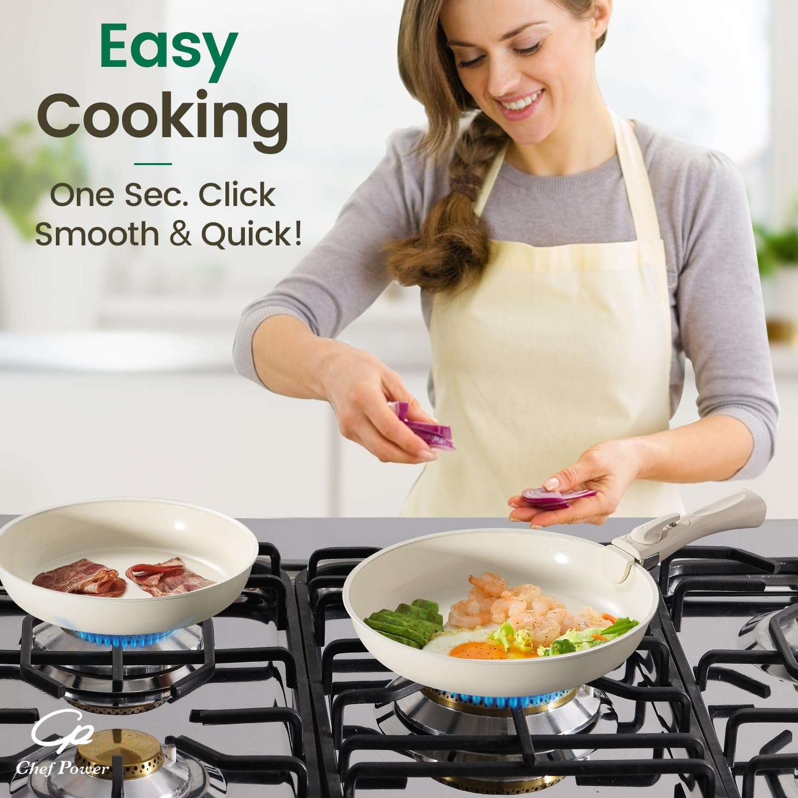 Chef Power Ceramic Cookware Set Non Toxic with Detachable Handles, Healthy Nonstick Pans and Pots Set 19 Pcs, Induction Dishwasher Oven Safe Kitchen Set, PFAS PFOA & PTFE Free, Cream White - Image 2