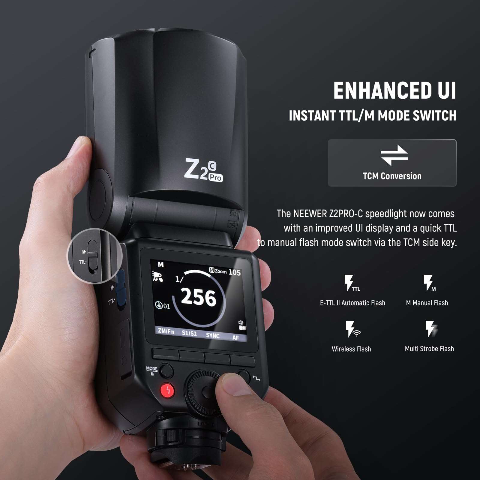 NEEWER Z2PRO-C 2.4G TTL Round Head Flash Speedlite Compatible with Canon, Wireless Compatible with Godox, Upgraded UI, 76Ws 1/8000s HSS, TTL/M TCM Switch, 7.2V/3000mAh Battery, 600 Full Power Flash - Image 4
