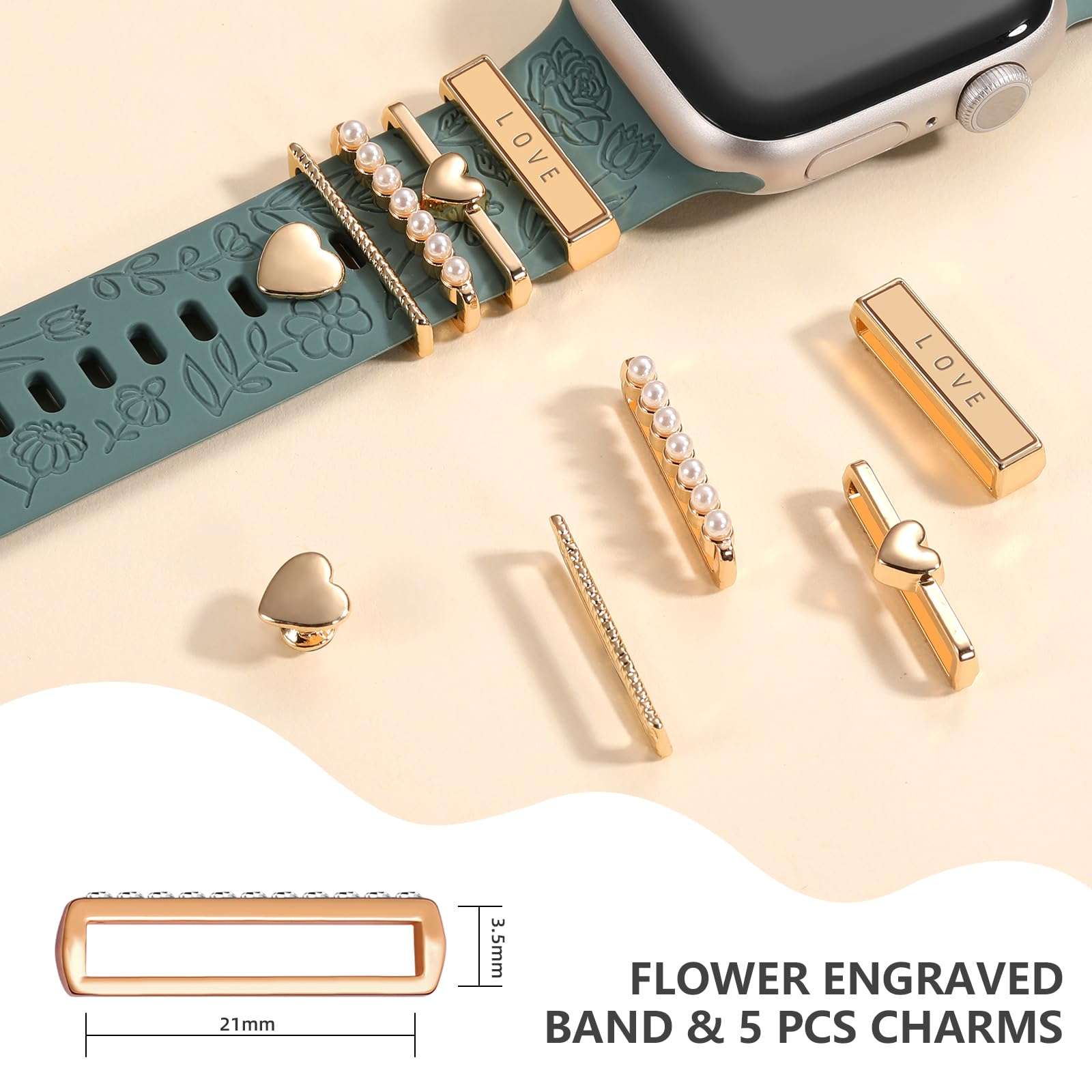 DaQin Flower Engraved Band Compatible with Apple Watch Bands for Women 40mm 38mm 41mm 42mm, Soft Silicone Band With Decorative Apple Watch Charms for iWatch Series 10 9 8 7 6 5 4 3 2 1 SE - Image 4