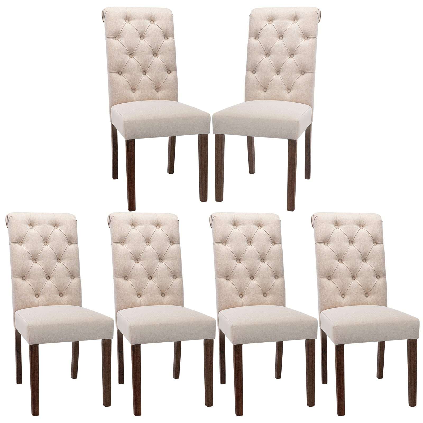 COLAMY Button Tufted Dining Chairs Set of 6, Accent Parsons Diner Chair Upholstered Fabric Dining Room Chairs Stylish Kitchen Chairs with Solid Wood Legs and Padded Seat - Dark Beige - Image 1