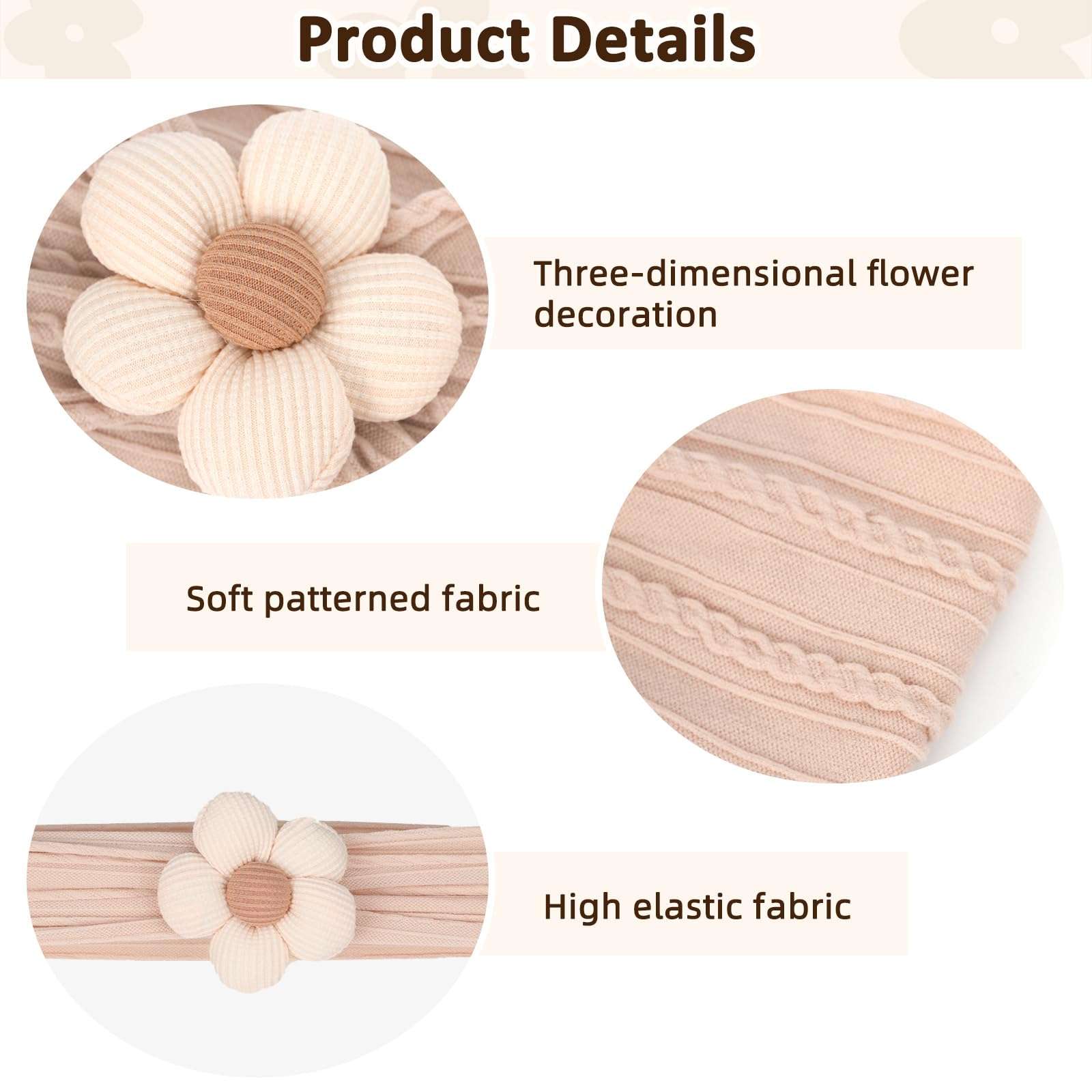 MIUXUESO 3 Pcs Baby Flower Headbands Baby Girls Nylon Headband Soft Hairbands Hair Accessories for Newborn Infant Toddler Kids (Beige Pink Khaki) - Image 6