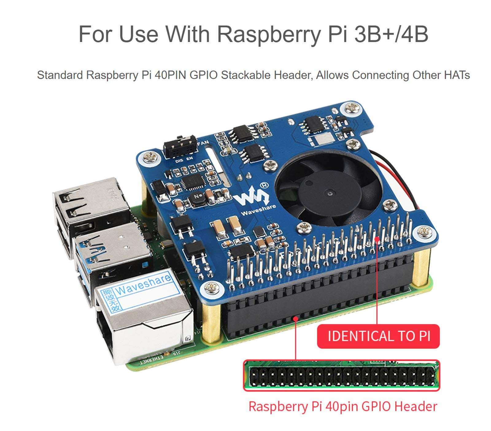 waveshare Power Over Ethernet (PoE) HAT for Raspberry Pi 4B/3B+, 802.3af/at PoE Network Standard, 5V USB-A&12V Header Outputs, PoE HAT Onboard Cooling Fan and MP8676 Buck Chip, Isolated - Image 3