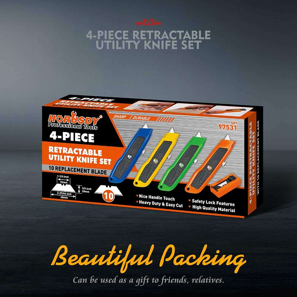 HORUSDY 4-Pack Box Cutter Utility Knife, Heavy Duty Aluminum Shell Retractable Box Cutter for Cardboard, Boxes and Cartons, Extra 10 Blades - Image 2