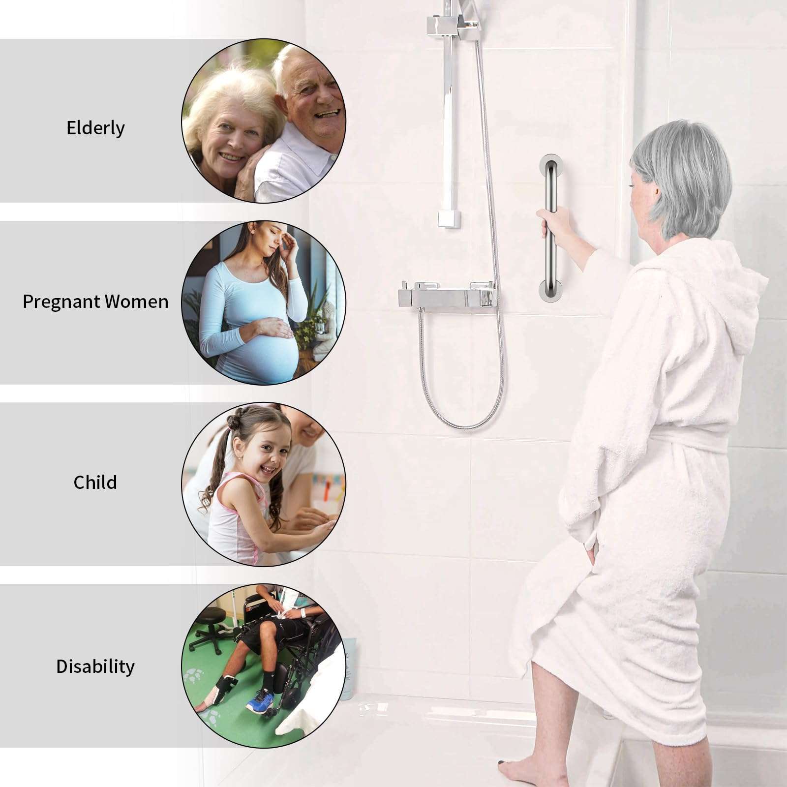 12 Inch Stainless Steel Shower Grab Bar - ZUEXT Shower Handle, Bathroom Balance Bar - Safety Hand Rail Support - Handicap, Elderly, Injury, Senior Assist Bath Handle (w/Self-Adhesive Stick-on Hook) - Image 4