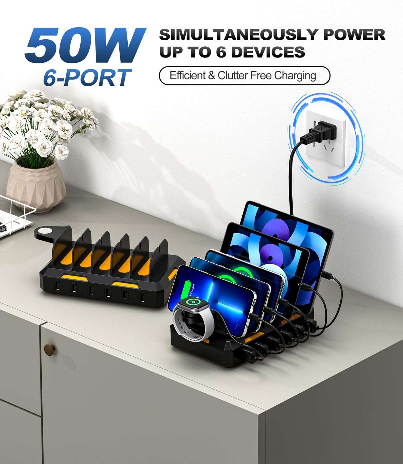Charging Station for Multiple Devices, Honcila 6 in 1 Multi Charger Station Charging Dock for Cellphone Tablet iPhone iPad and More - 50W Charging Station Organizer with 6 Mixed Charging Cables - Image 2