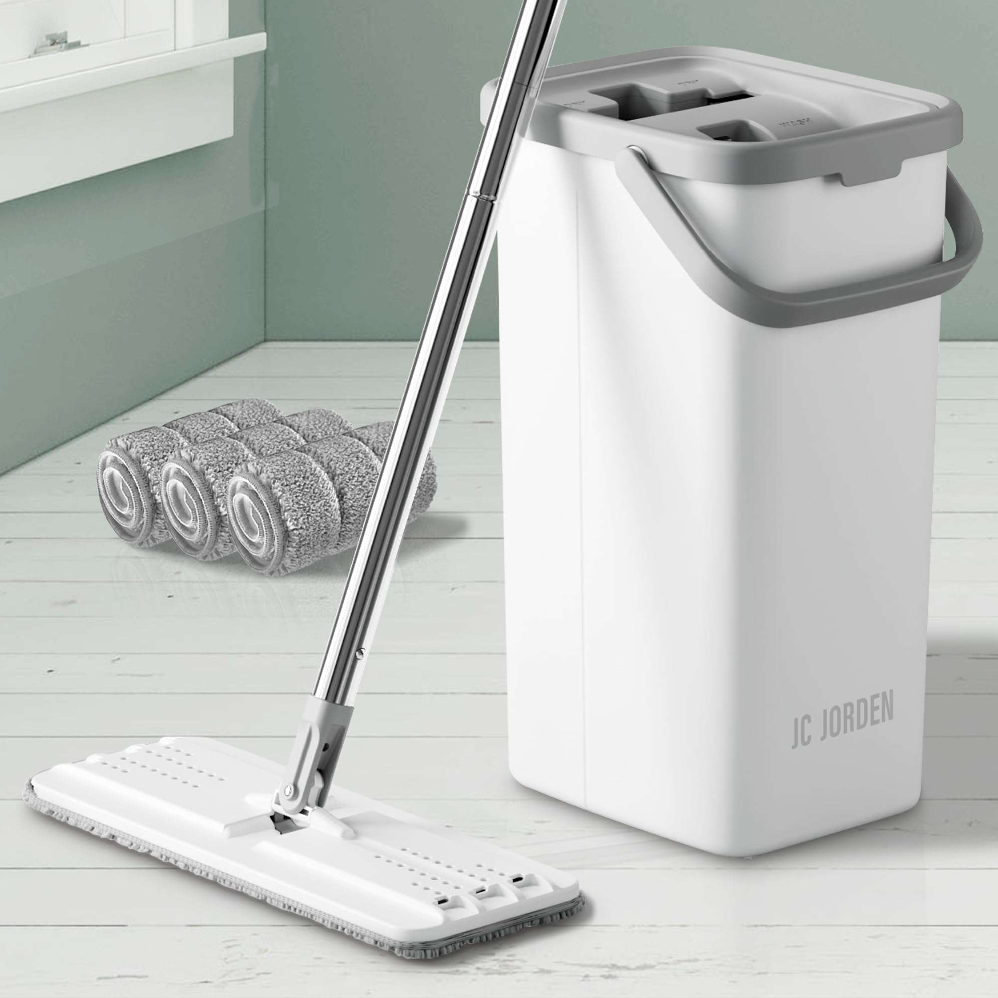 JC Jorden Mop and Bucket with Wringer Set, Hands Free Flat Floor Mop and Bucket, 3 Washable Microfiber Pads Included, Wet and Dry Use, Home Floor Cleaning System for All Floor Types and Windows - Image 1