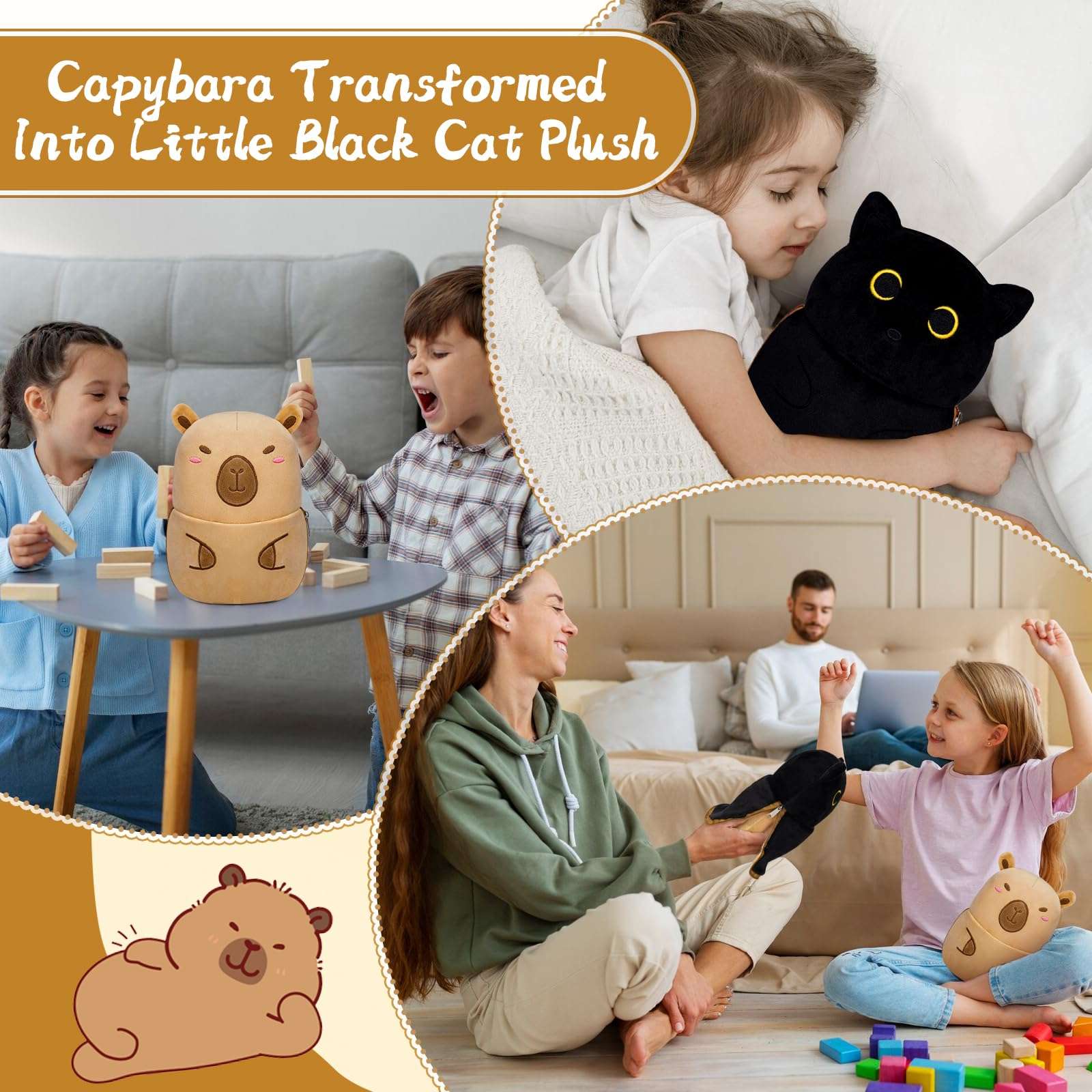 Leokawin Black Cat Capybara Plush Pillows,Black Cat Stuffed Animal Reversible Cuddle Capybara Plush with Zipper,8in Capybara Stuffed Cat Plushies Toys Gifts for Kids Boys Girls - Image 4