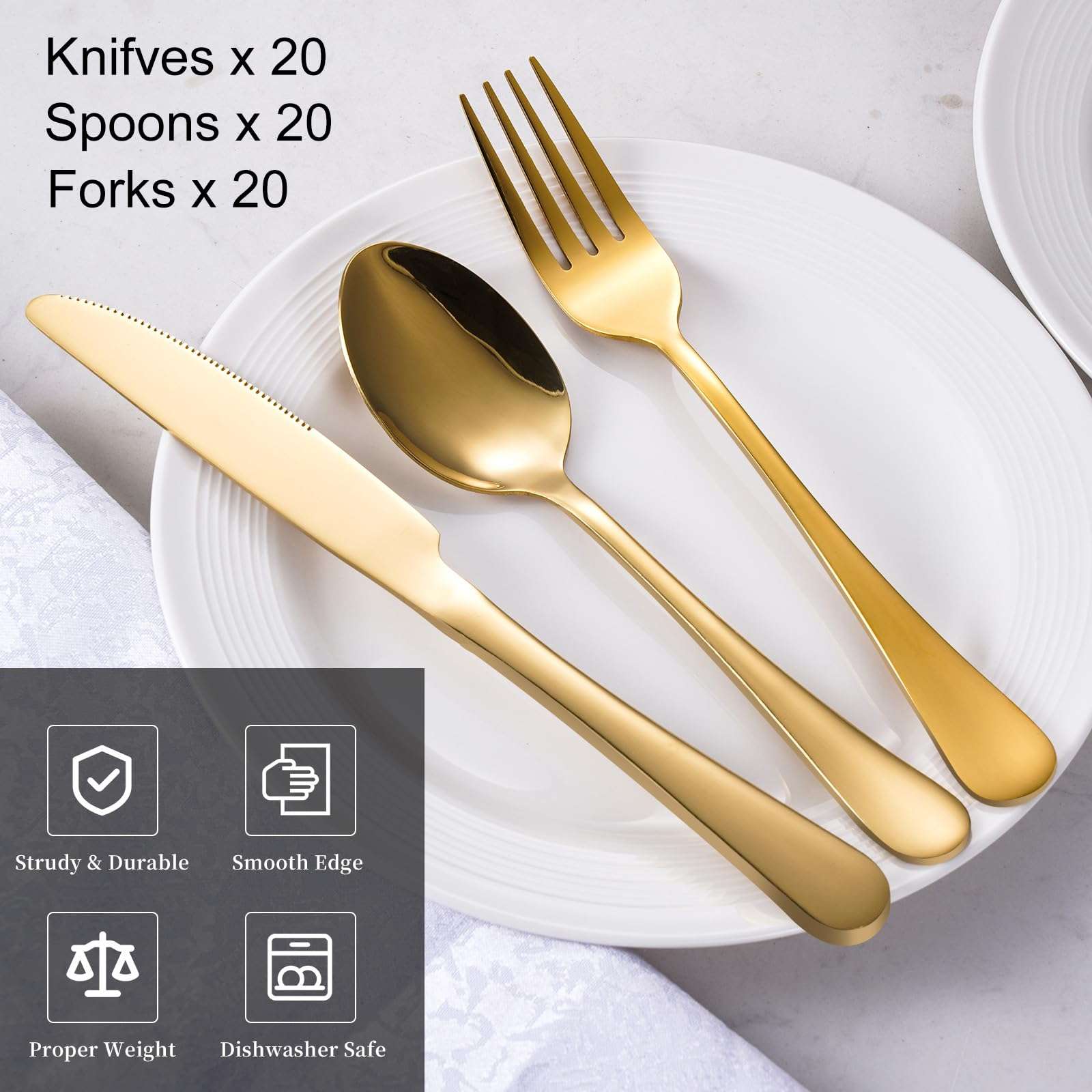 60-Pcs Gold Silverware Set - Stainless Steel Flatware Cutlery Set Service for 20, Mirror Polished Gold Flatware Set Include Forks Spoons Knives for Home, Wedding, Restaurant, Dishwasher Safe - Image 3