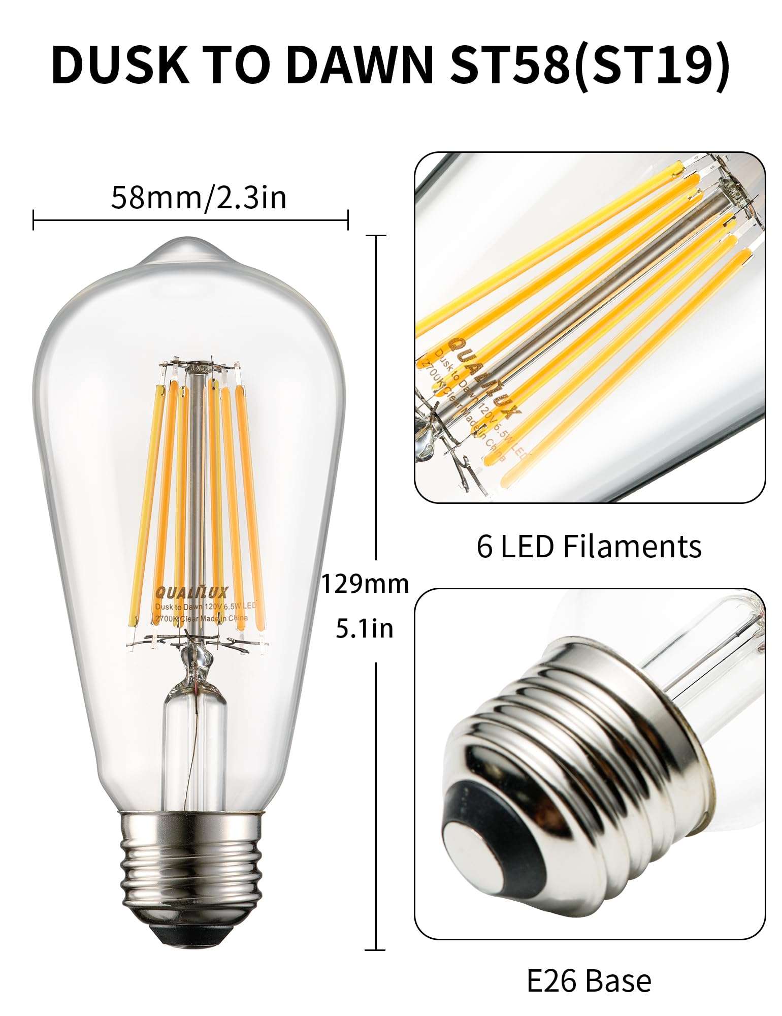 Dusk to Dawn Edison Light Bulbs ST58(ST19) Vintage, Soft White 2700K, 6.5W=60W, Non-Dimmable Auto On/Off, Light Sensing LED Filament Bulb Outdoor for porch patio garage garden,750LM, E26, 4-Pack - Image 6
