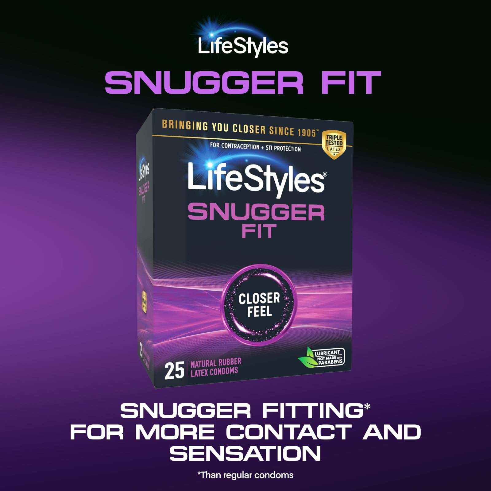 Lifestyles Snugger Fit Natural Rubber and Lubricated Latex Condoms Value Pack, 25 Count, 1 Pack, Triple Tested for Best Protection, Made with UltraGlide Silicone Lube - Image 2
