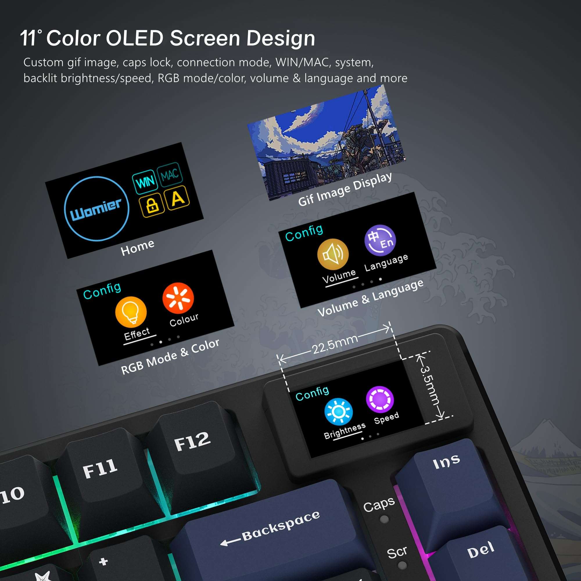 Womier S-K80 75% Keyboard with Color Multimedia Display Mechanical Gaming Keyboard, Wired Hot Swappable Gasket Mount RGB Custom Key Board, Pre-lubed Stabilizer for Mac/Win, Black Kanagawa - Image 2