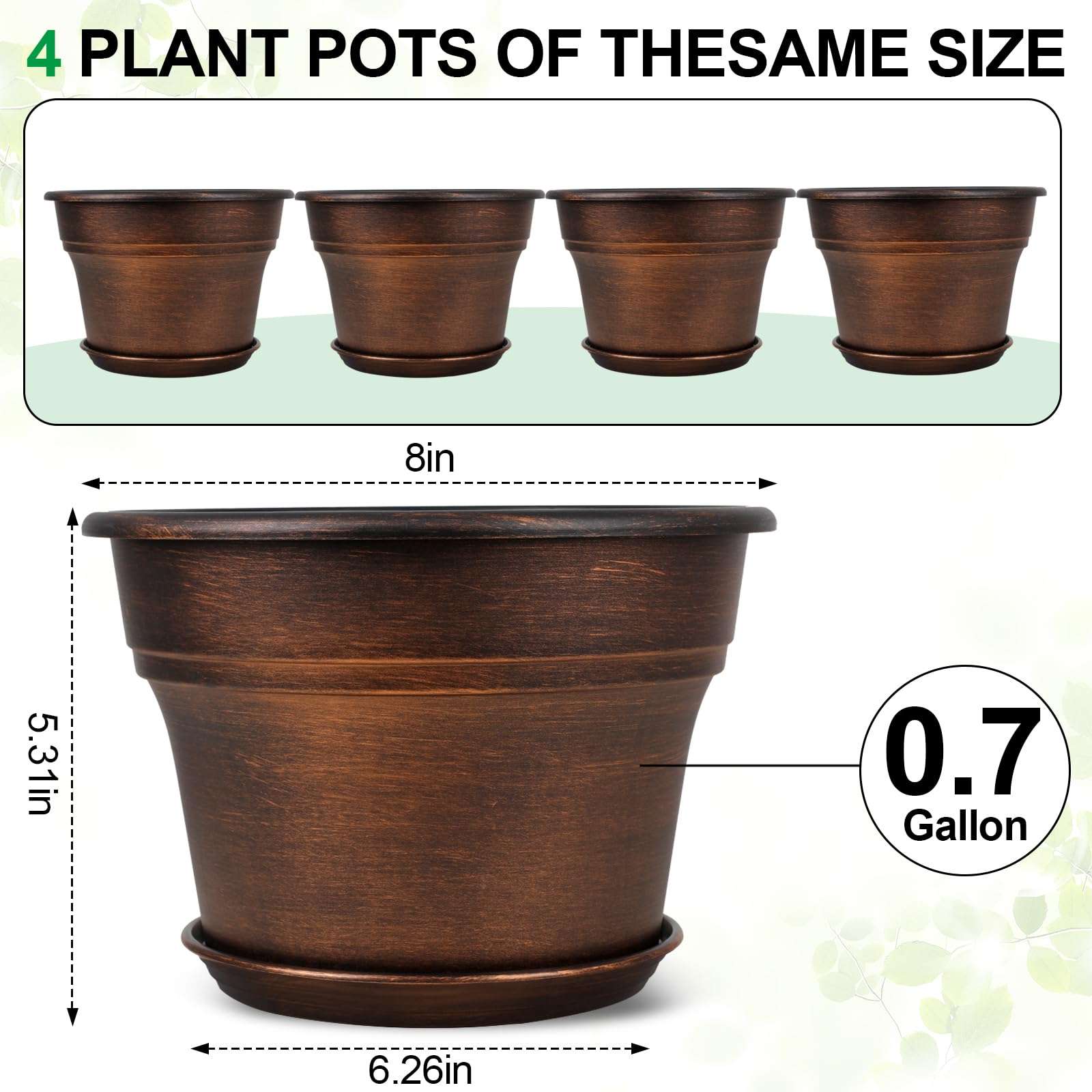 Plant Planters Pots Set of 4 Pack 8 Inch, Plastic Flower Pot for Indoor Plants with Drainage Holes & Trays, Resin Decorative Container Sets with Saucer for House Outdoor Garden Planters Copper - Image 3