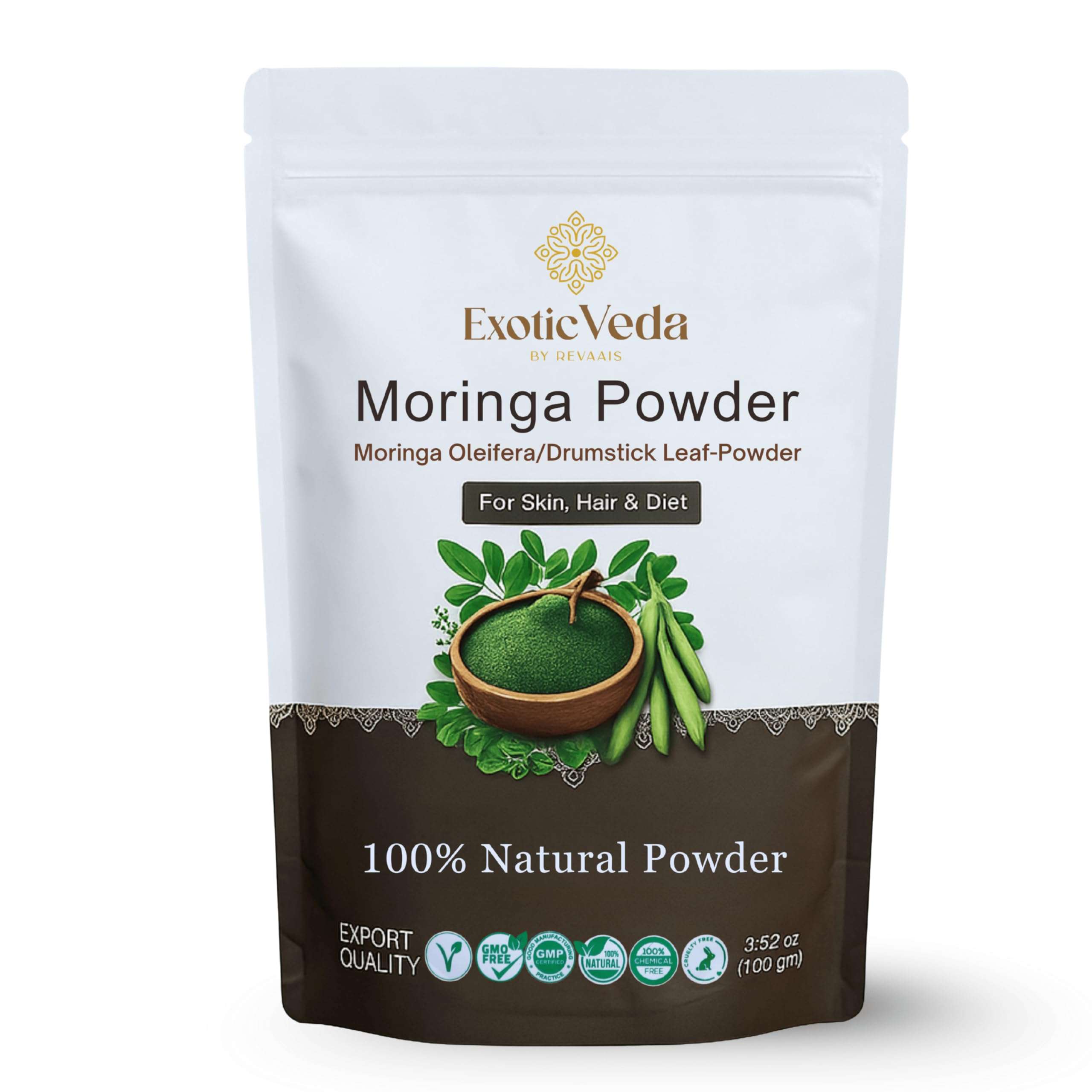 Exotic Veda Moringa Powder 100g (3.52oz) | 100% Pure & Natural Superfood | Nutrient-Rich, Antioxidant-Packed | Vegan & Gluten-Free | for Smoothies, Teas, Soups & Daily Wellness - Image 1