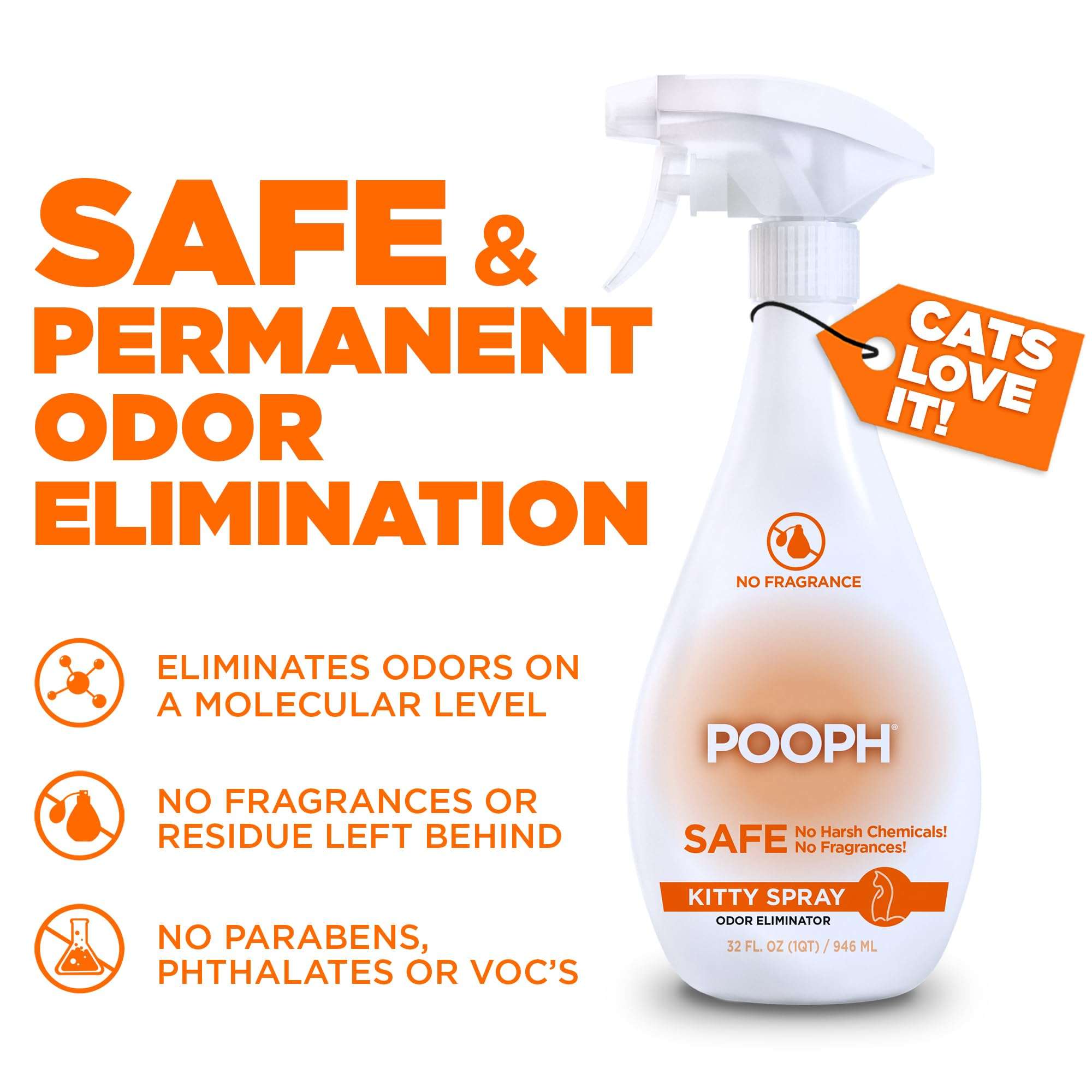 POOPH® Kitty Odor Eliminator – 32 fl oz Bottle – Proprietary Odor-Elimination Technology Works On-Contact – Cat Trees, Toys, Furniture, Bedding – NO Fragrances, NO Harsh Chemicals, Safe & Non-Toxic - Image 2