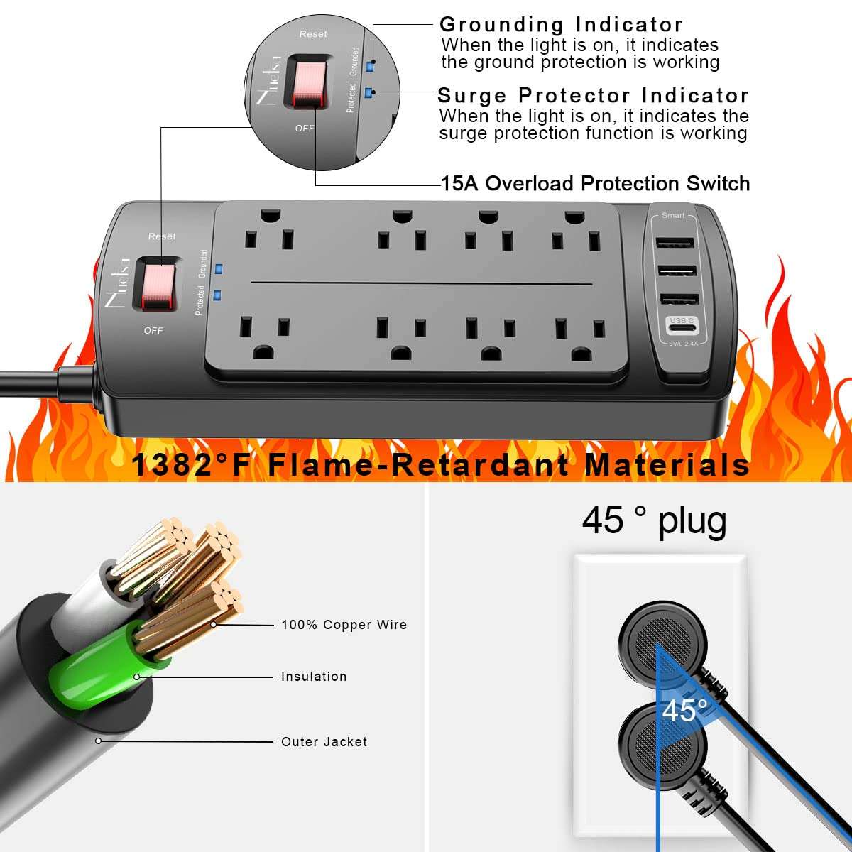 Surge Protector Power Strip - Nuetsa Flat Plug Extension Cord with 8 Outlets and 4 USB Ports, 6 Feet Power Cord (1625W/13A), 2700 Joules, ETL Listed, Black - Image 6