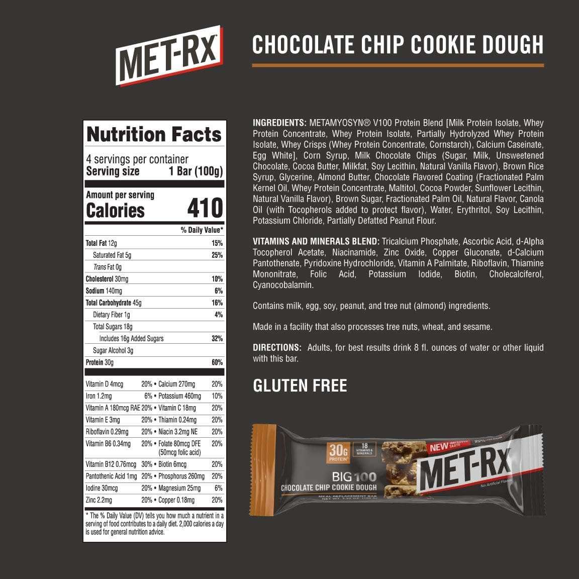 MET-Rx Big 100 Colossal Protein Bars, Chocolate Chip Cookie Dough Meal Replacement Bars, 9 Count (Pack of 1) - Image 2