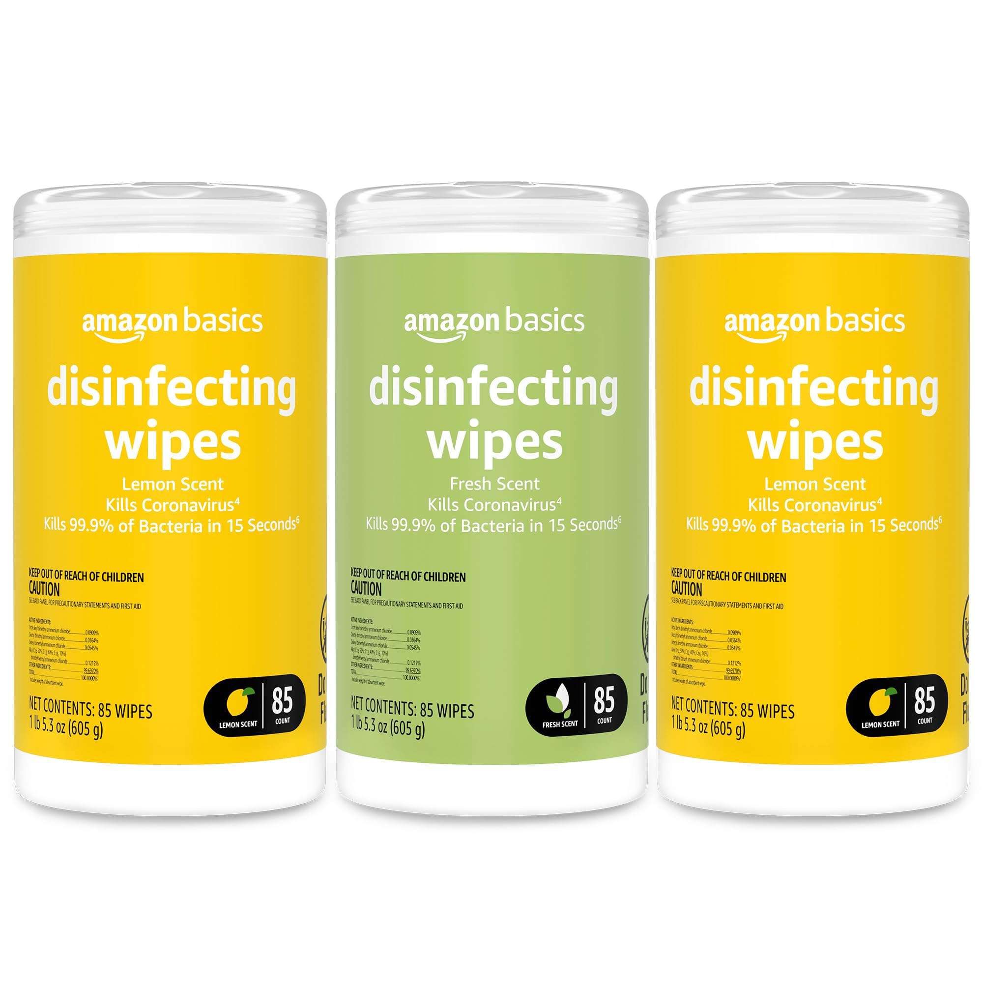 Amazon Basics Disinfecting Wipes, Lemon & Fresh Scent, Sanitizes, Cleans & Deodorizes, 255 Count (3 Packs of 85) - Image 1