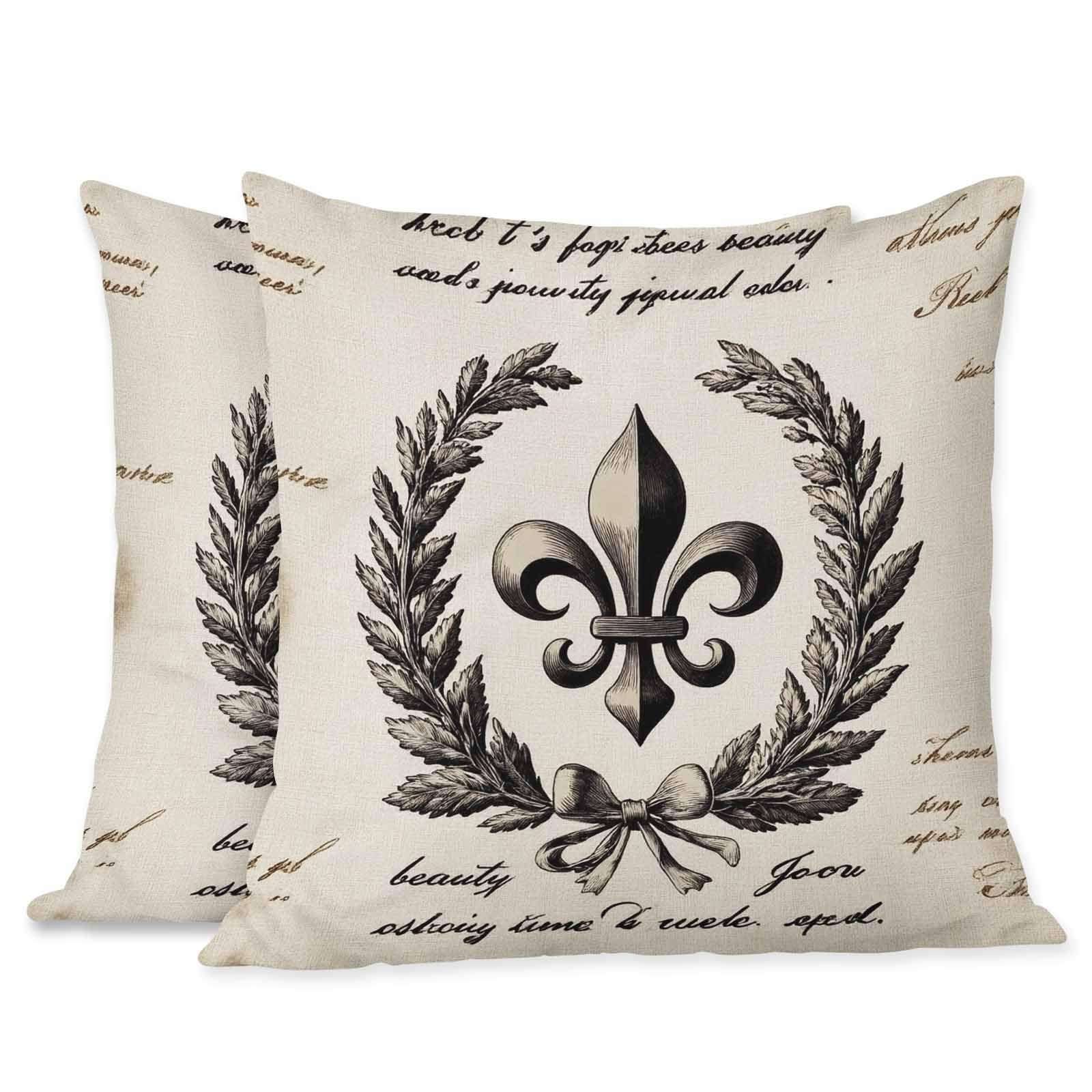 Beabes Cushion Covers Retro Letter Paper Fleur De Lis Vintage Style Square Soft,Pillow Cases Decor for Couch Bedroom Sofa Living Pack of 2 Size 18X18 Inch - Image 1