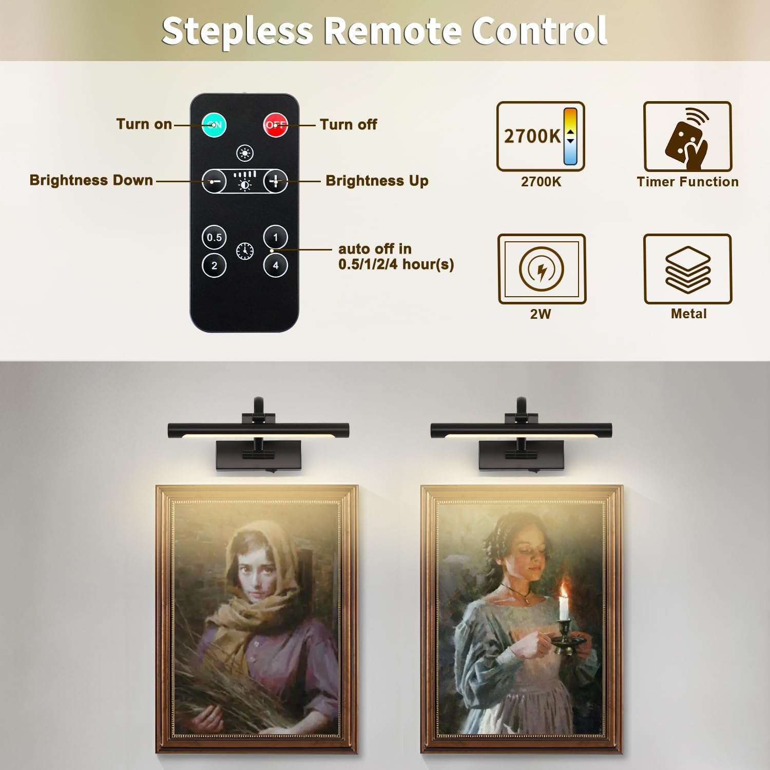 DESOOP Battery Operated Picture Lights for Wall Black Art Light Wireless Gallery Lights with Timer and Remote 12 Inch 2W Warm White - Image 3
