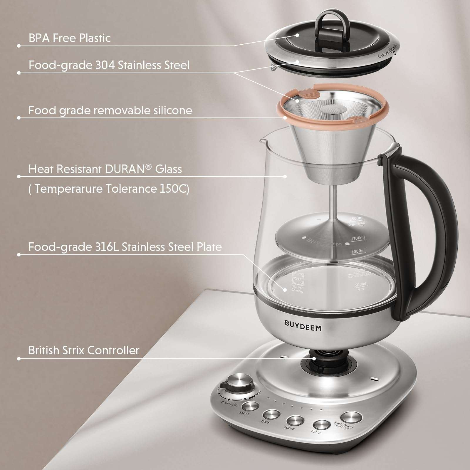 BUYDEEM K176 Tea Maker, Multifunctional Stainless Steel Electric Kettle for Tea and Coffee Brewing, Auto Keep Warm, 5 Flavor Controls, 1.5L - Image 6