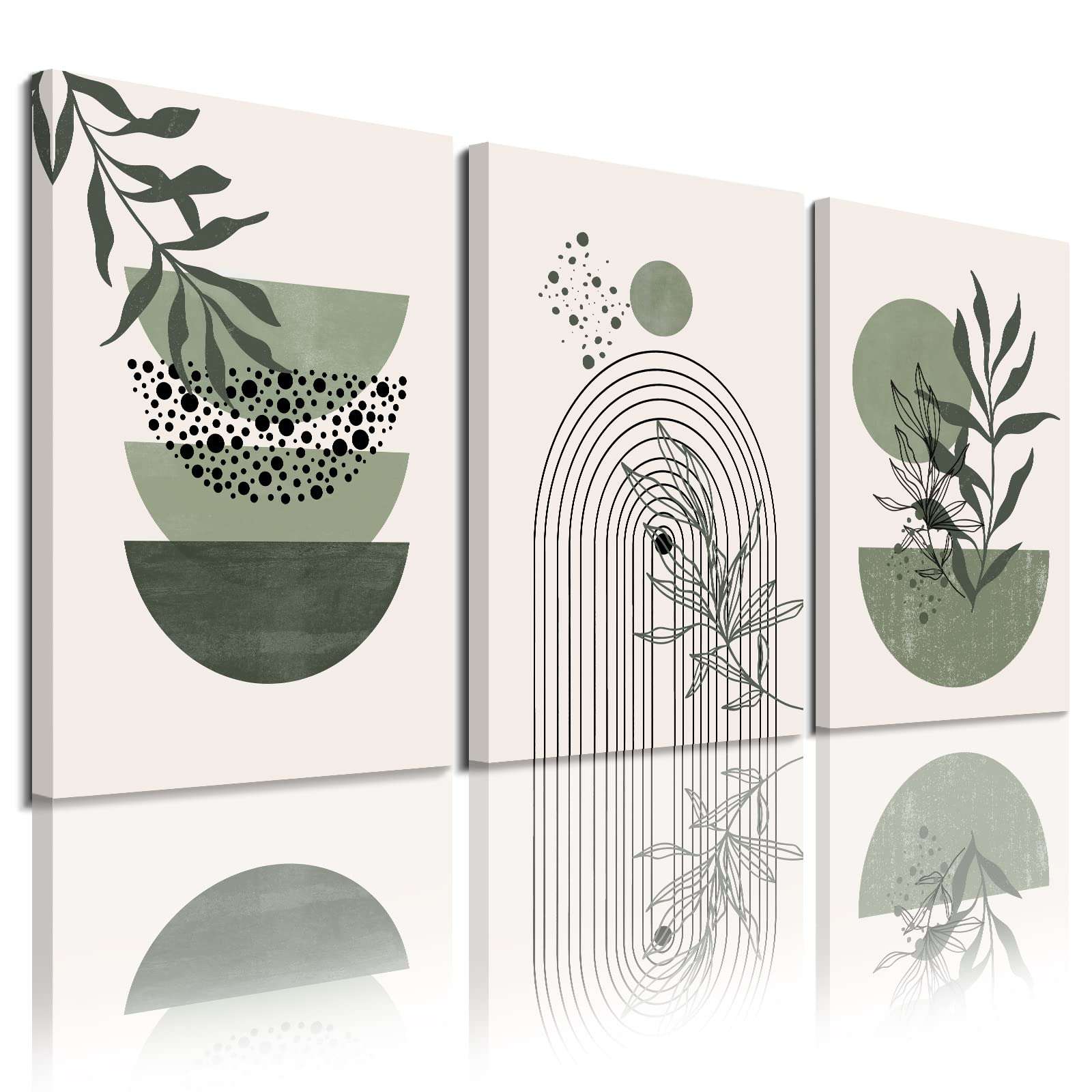 Sage Green Wall Posters & Prints, Green Boho Wall Art Set of 3, Minimalist Framed Wall Art Geometric Line Leaf Sun Moon Beige Green Canvas Artwork Paintings - Image 1